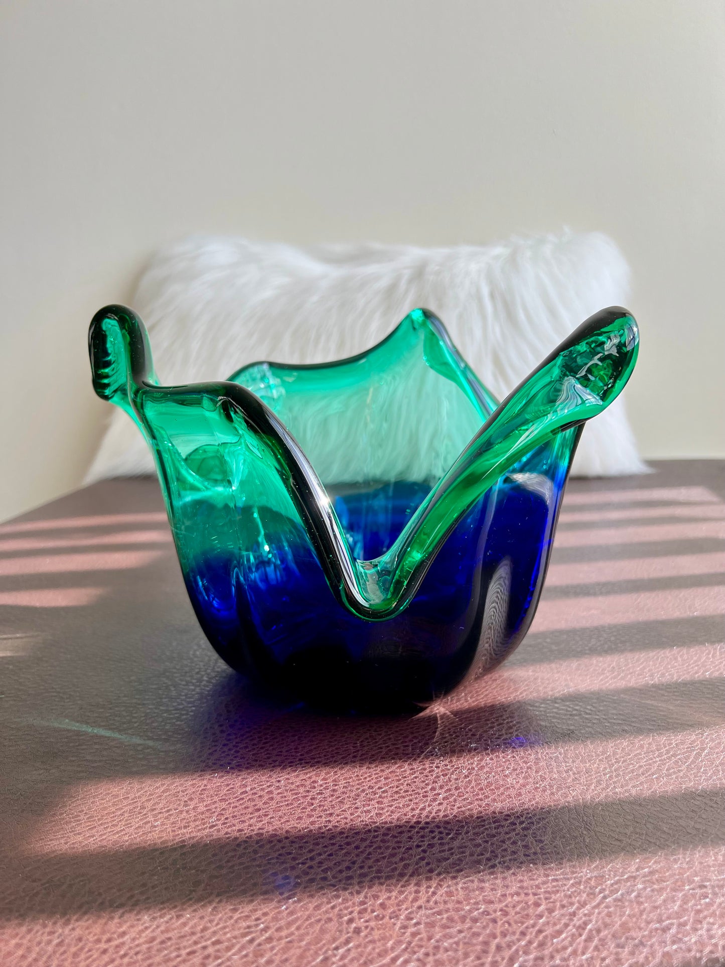 MURANO Blue and Green Extra Large Vintage White Crystal Glass Bowl, Decorative Dish or Vase - Made in Italy