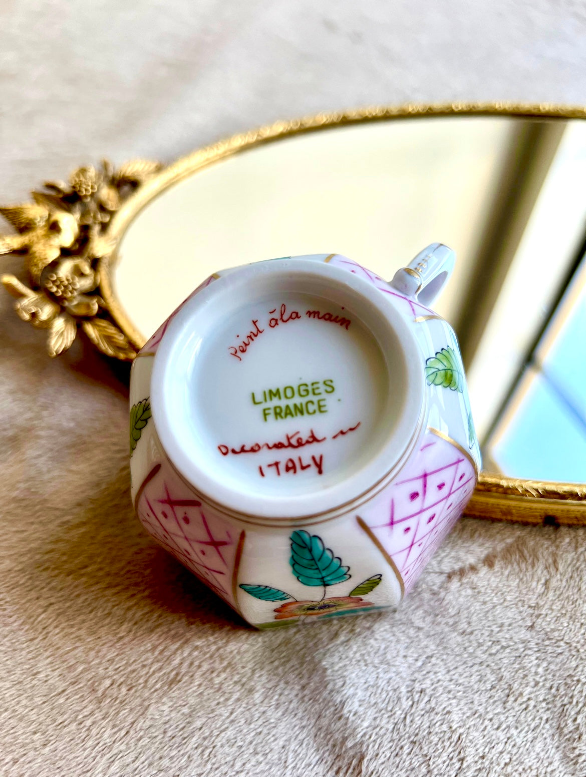 Very Unique Limoges France Vintage Porcelain Tea or Coffee Cup with Saucer & Floral Design, Decorated in Italy