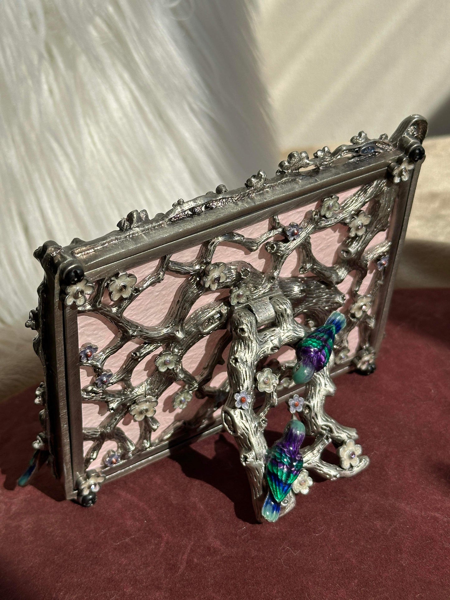 Blue Birds Vintage Metal Photo Frame with Rhinestones, Flowers and Tree Branches