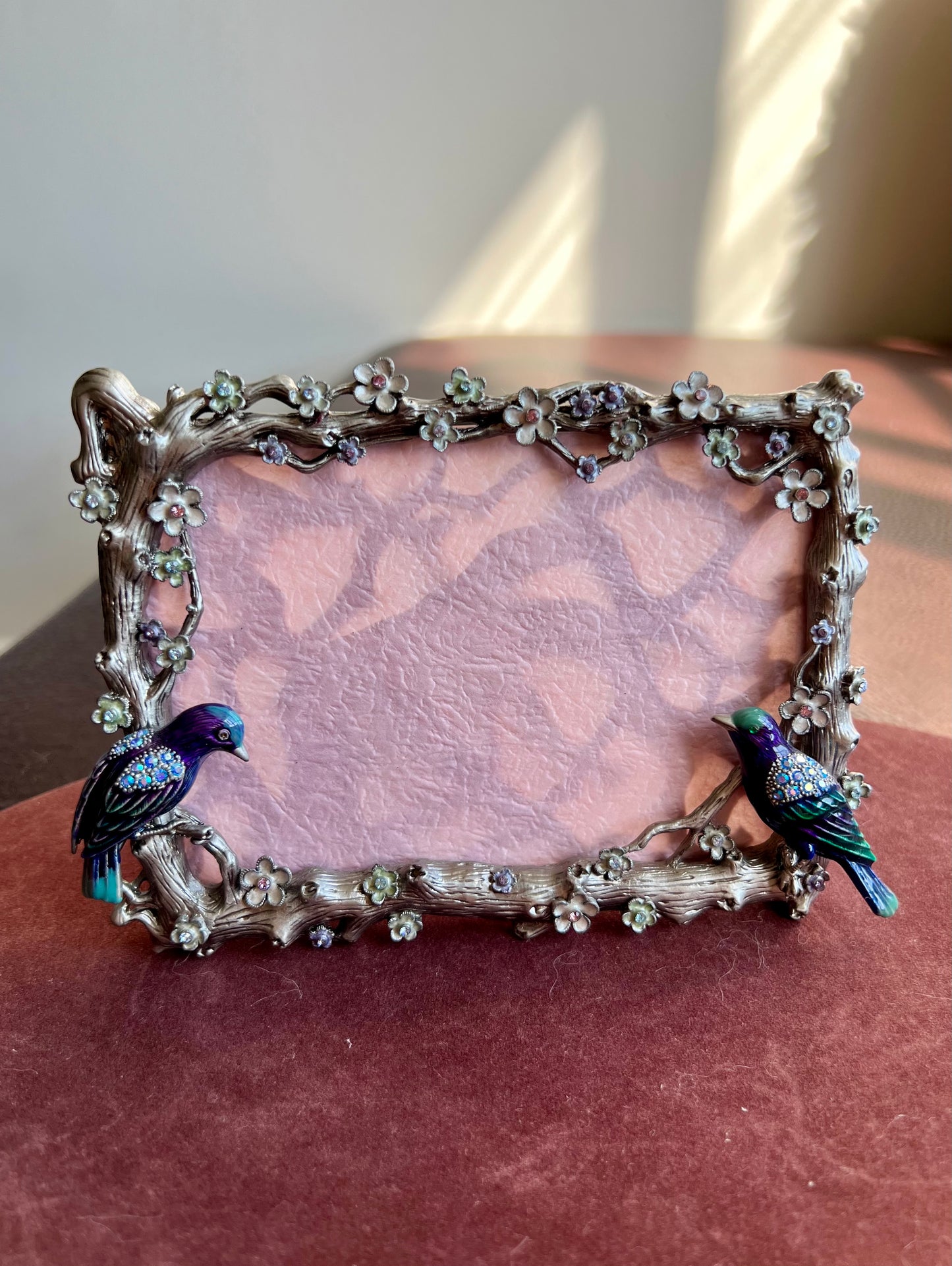 Blue Birds Vintage Metal Photo Frame with Rhinestones, Flowers and Tree Branches