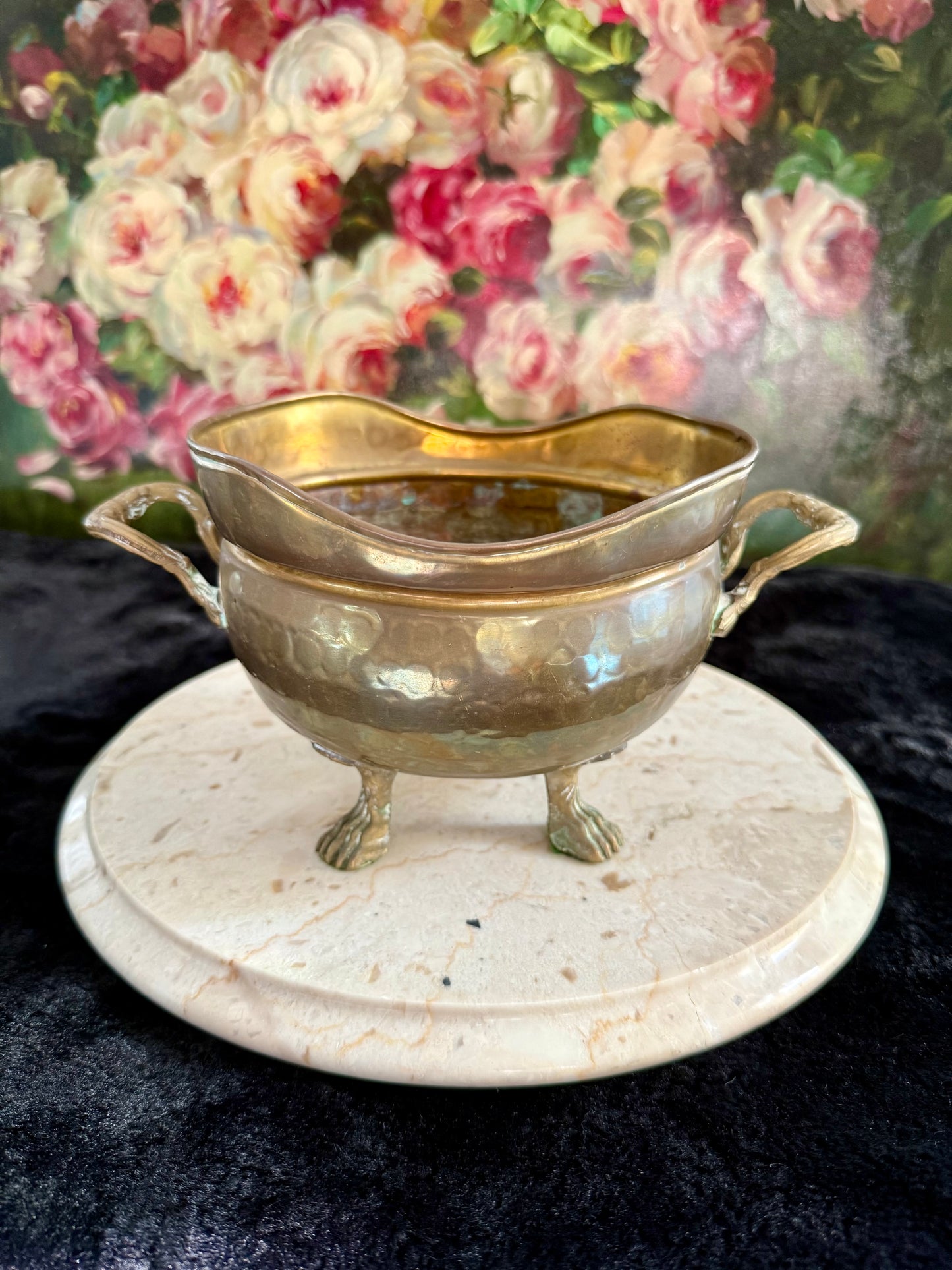 Vintage Brass Flower Pot or Planter with Handles and Four-Legged Lion Paws - Made in Spain
