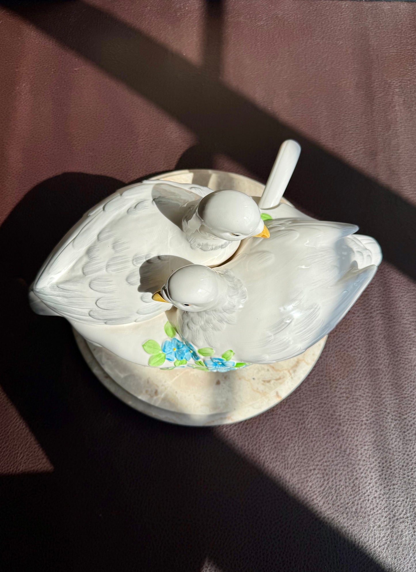 Dove Couple & Forget Me Not Flower Figural Hand Painted Vintage White Ceramic Serving Dish or Soup Tureen, Made in Japan