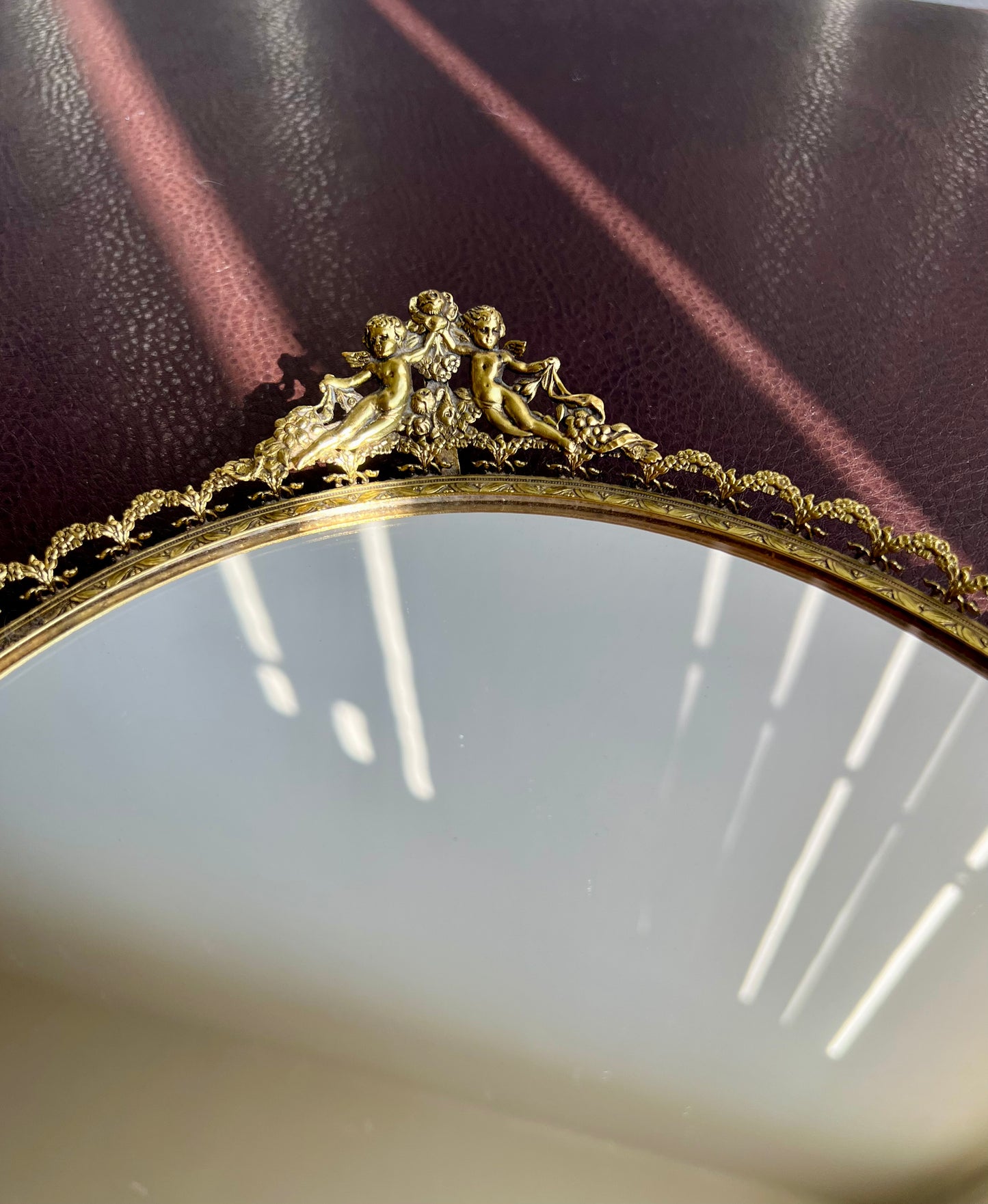 Cherubs Angels Brass Gold Vintage Ormolu Mirror Vanity Tray Oval
