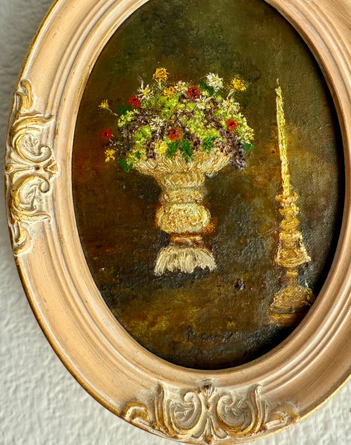 Still Life Signed Vintage Oval Oil Painting with Decorative Wooden Frame