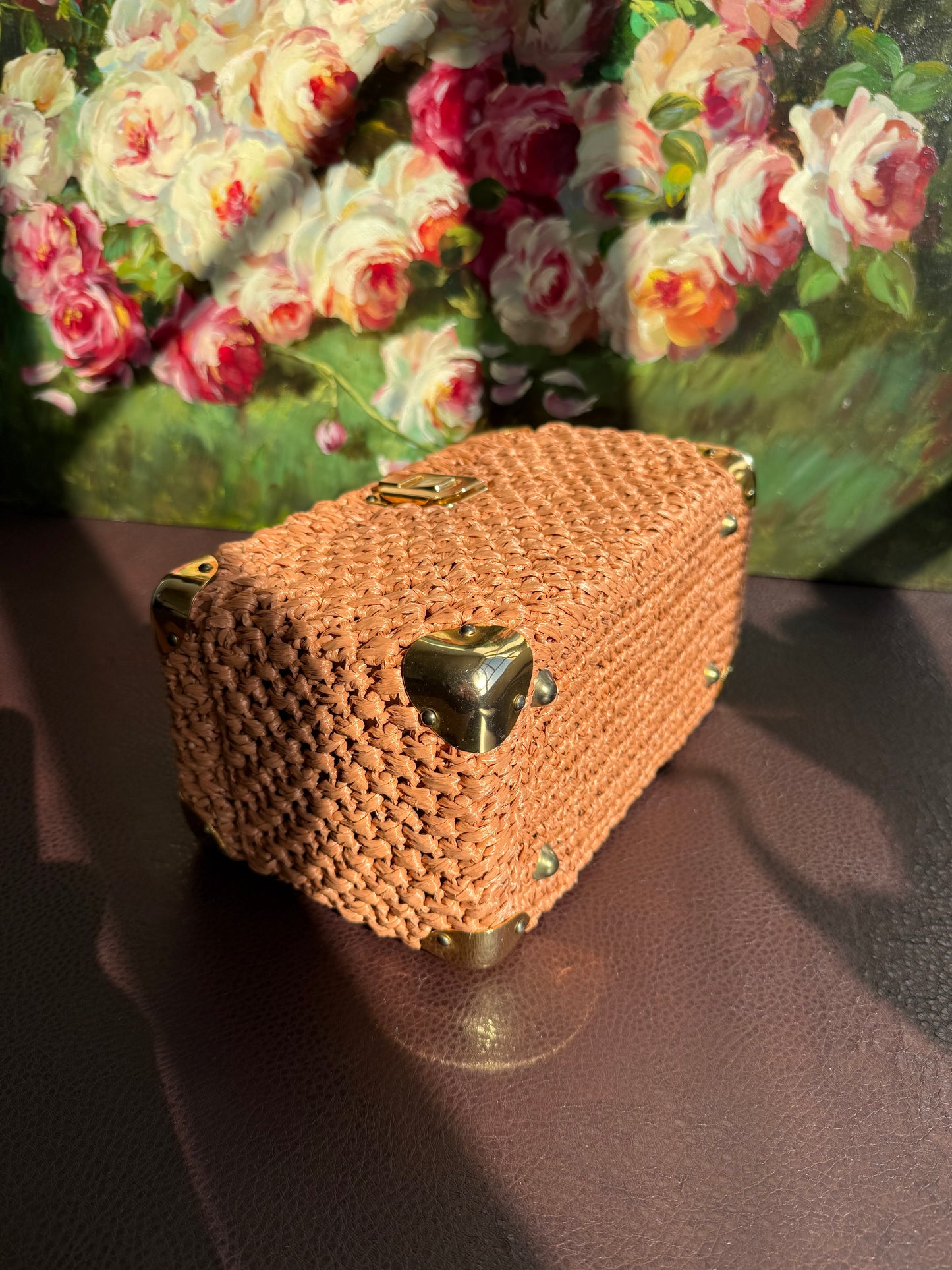 Italian Luxury Vintage Box Purse Mod Woven Raffia Brown Handbag, from the 50s or 60s