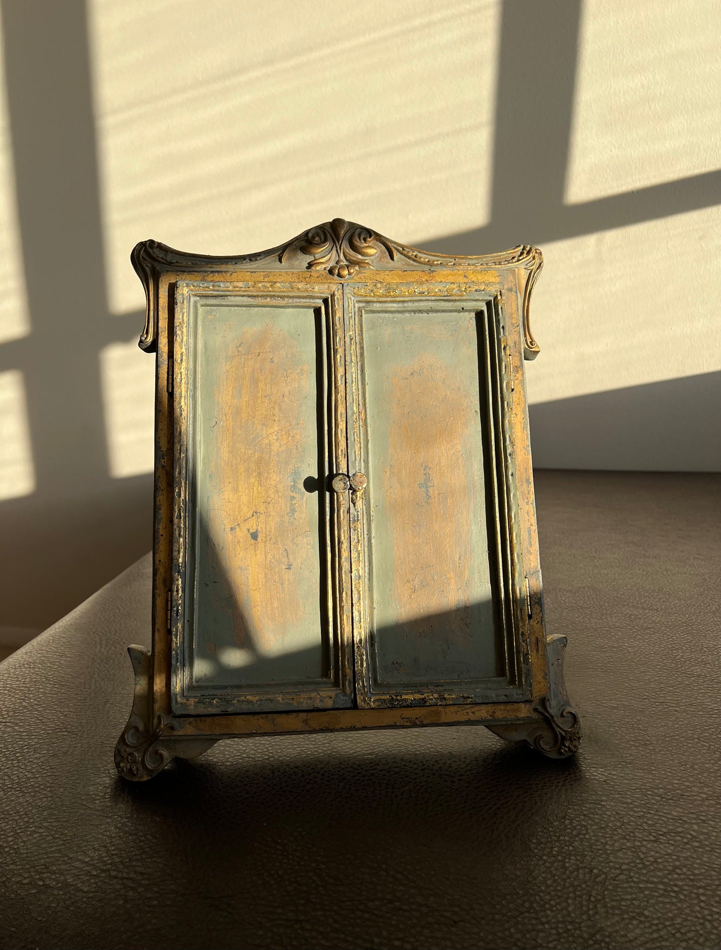 Antique Wood Look Framed Window Mirror With Open Doors