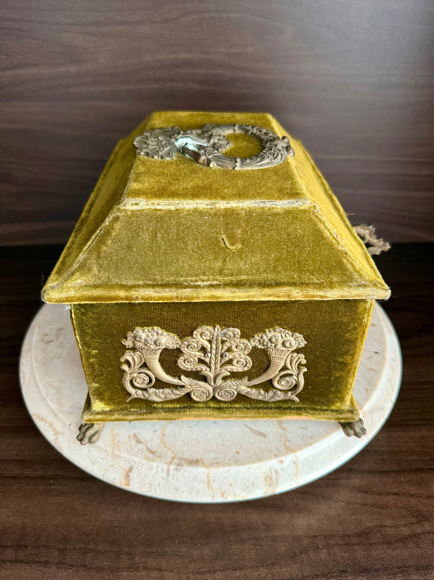 Antique Victorian Jewelry Box “Boudoir” or Sewing Box in Mustard/ Golden/ Green Velvet, Inside Blue Silk from the Early 20th Century