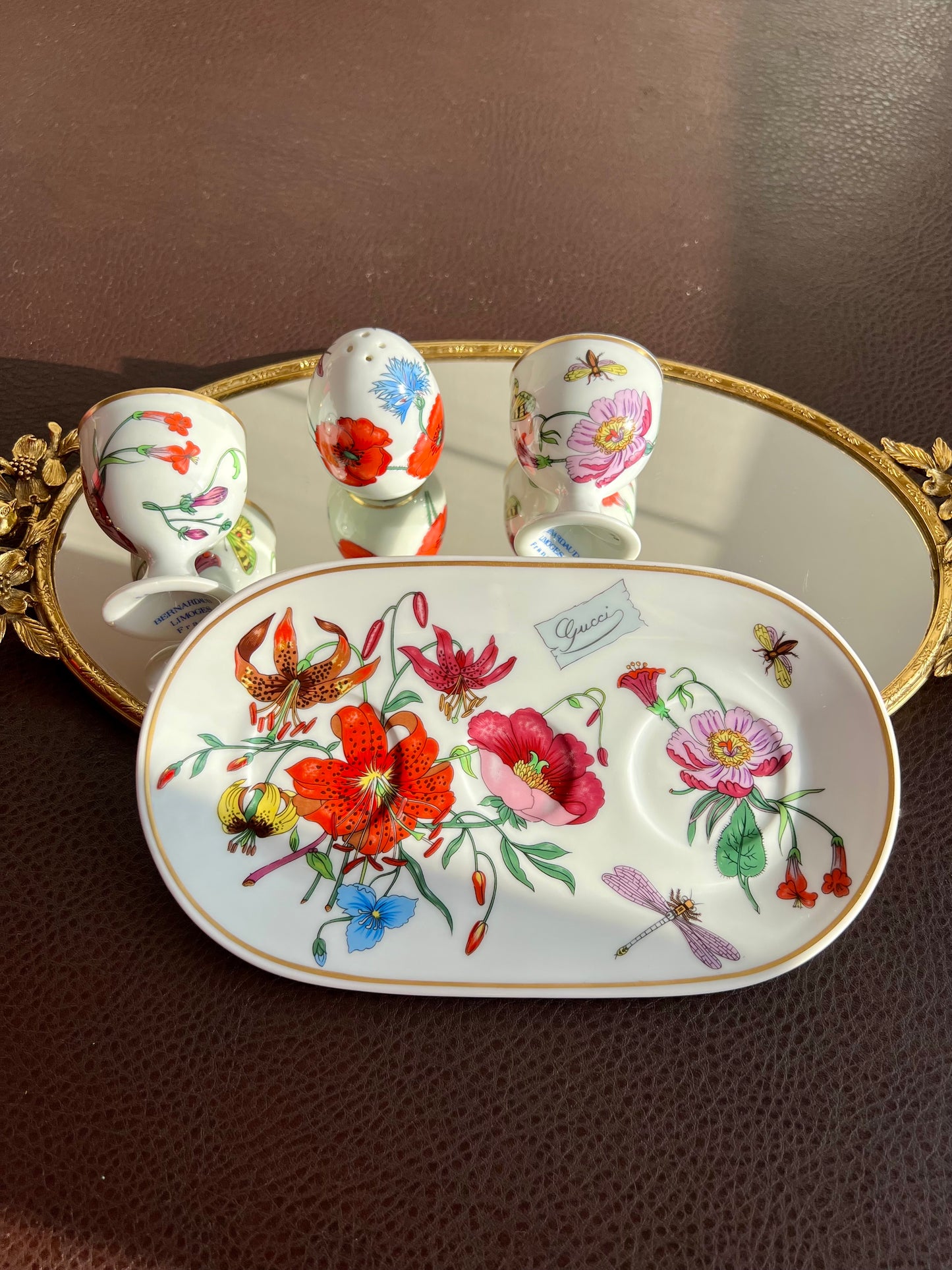 1980s Gucci Bernardaud Limoges Floral & Butterfly Print Porcelain Egg Cup and Salt Shaker Set, Made in France