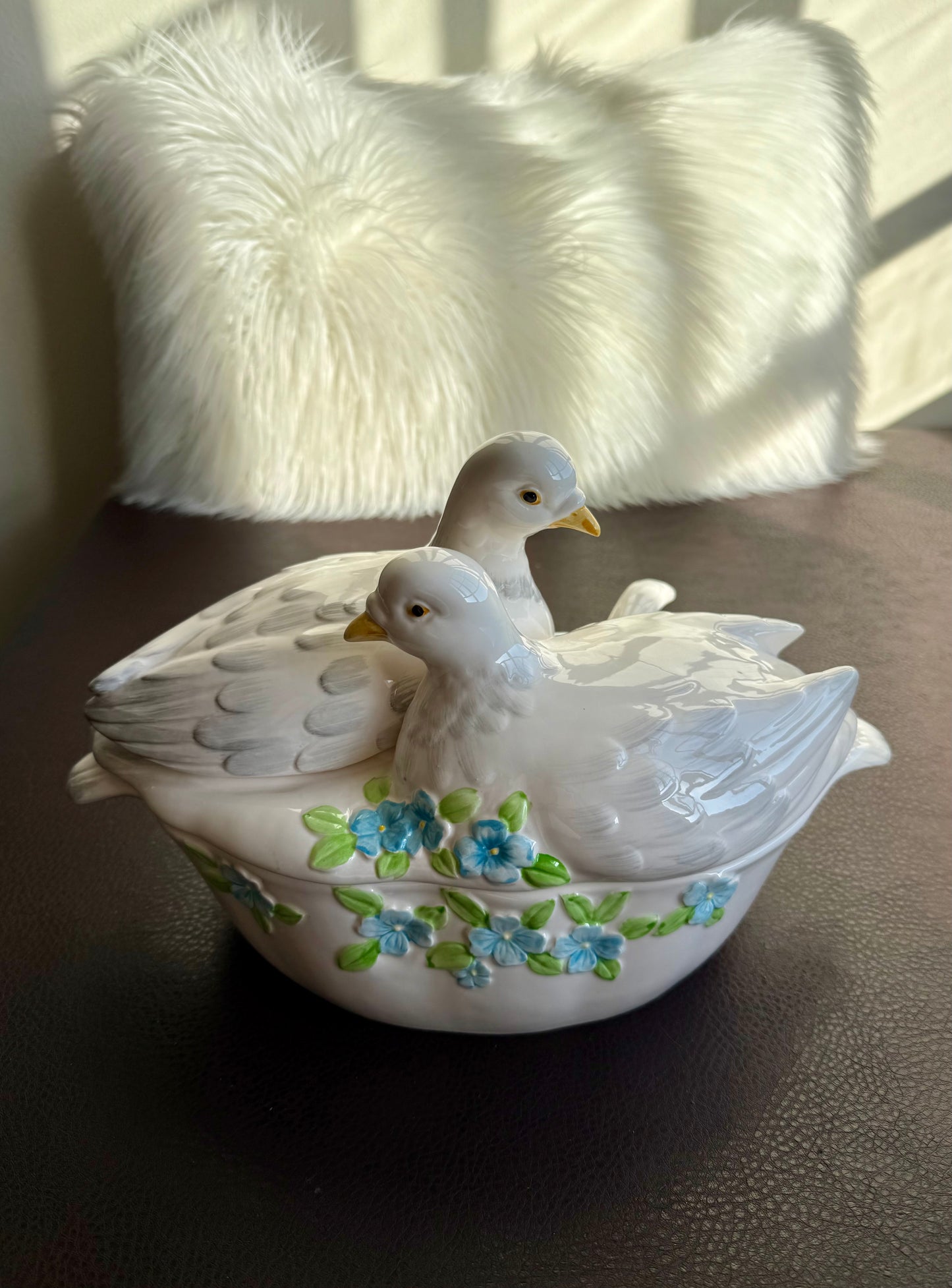 Dove Couple & Forget Me Not Flower Figural Hand Painted Vintage White Ceramic Serving Dish or Soup Tureen, Made in Japan
