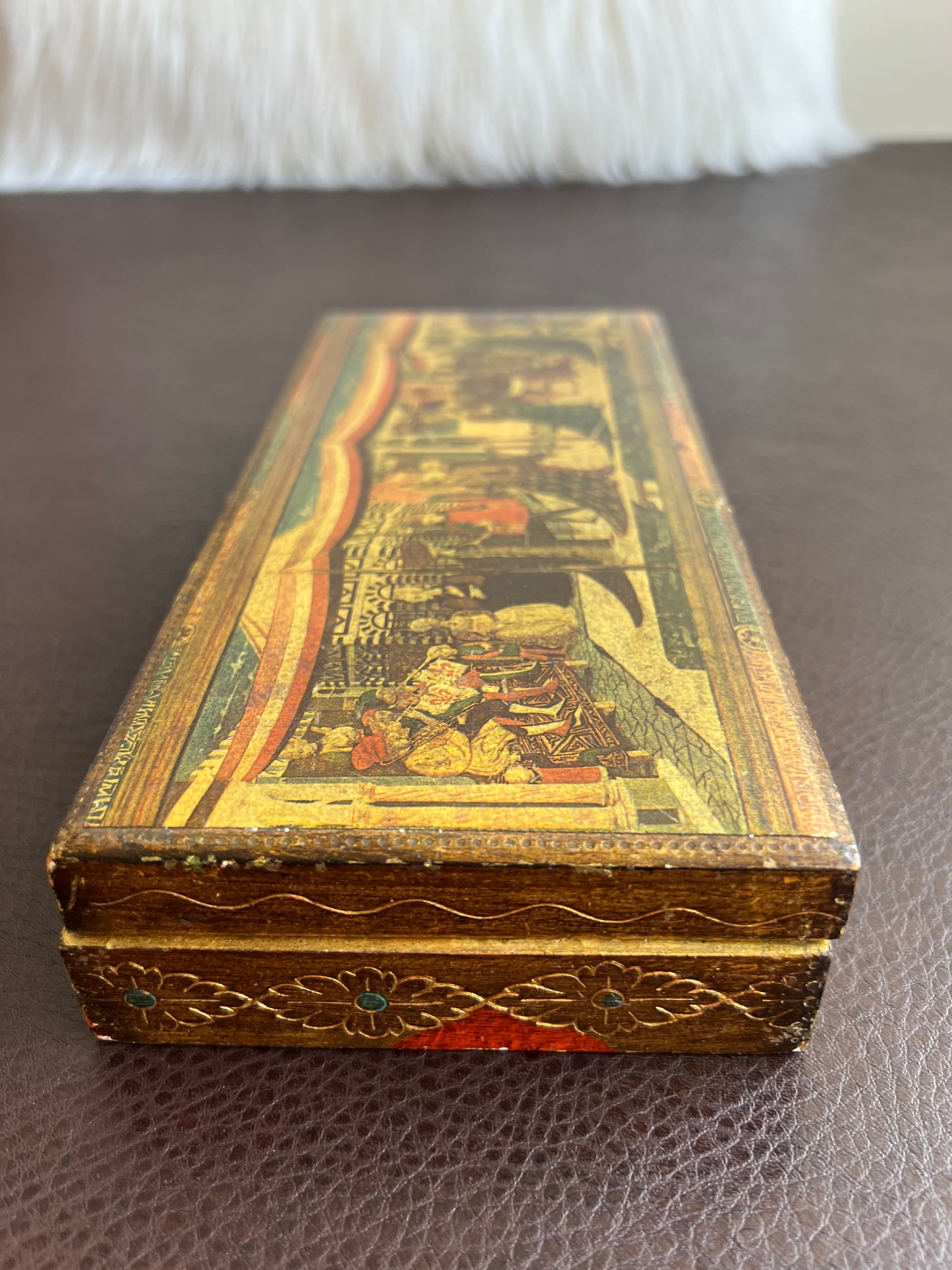 Italian Florentine Gold Gilt Large Jewelry/ Trinket Wooden Box, Wedding Scene on Top of the Lid