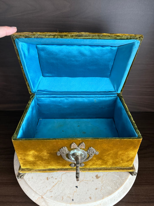 Antique Victorian Jewelry Box “Boudoir” or Sewing Box in Mustard/ Golden/ Green Velvet, Inside Blue Silk from the Early 20th Century