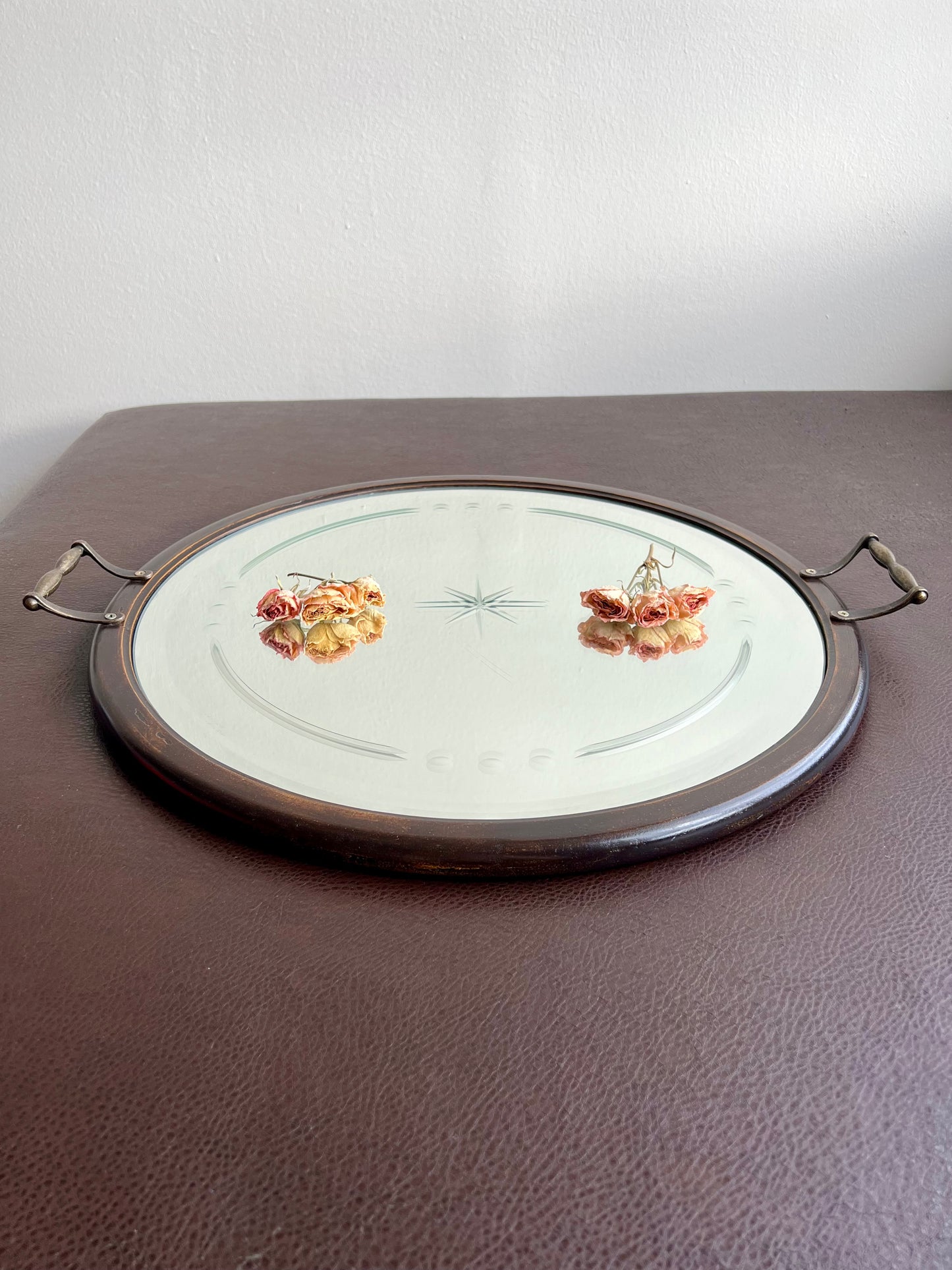 Big Wooden Table Mirror Tray Round Shaped with Two Brass Handles