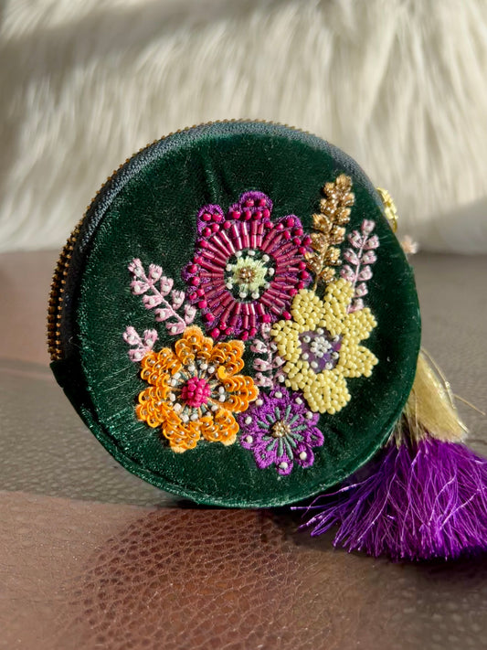 Round Beaded Mini Makeup Case Dark Green Plush Purse/ Bag with Floral Motif Decoration