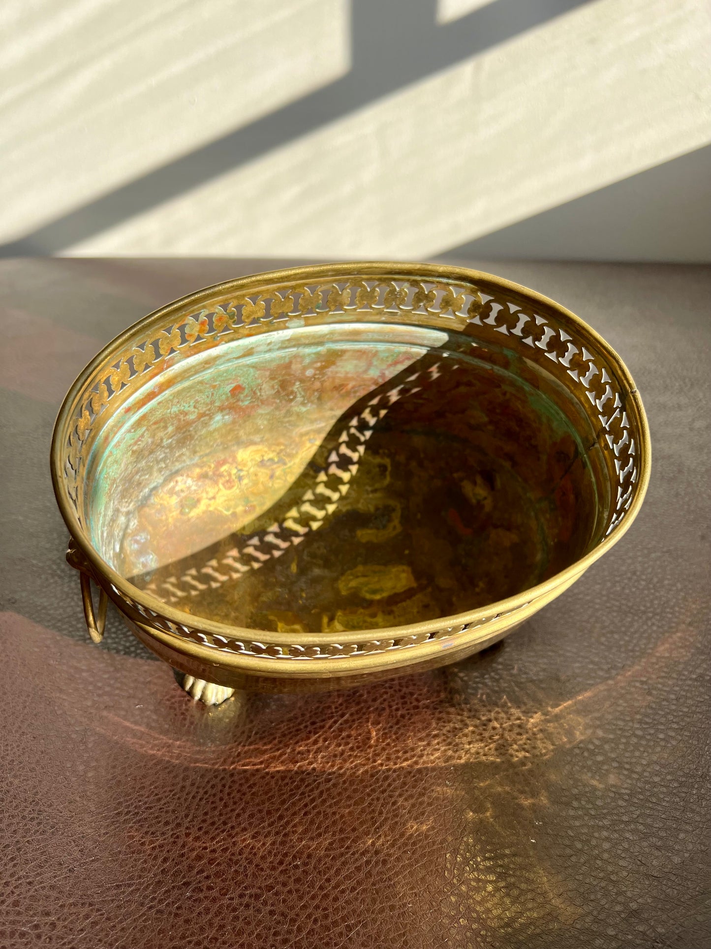 Spanish Antique/Vintage Brass Planter Jardinière Ornate on Four Lion Paws Footed and Two Lion Heads with Rings