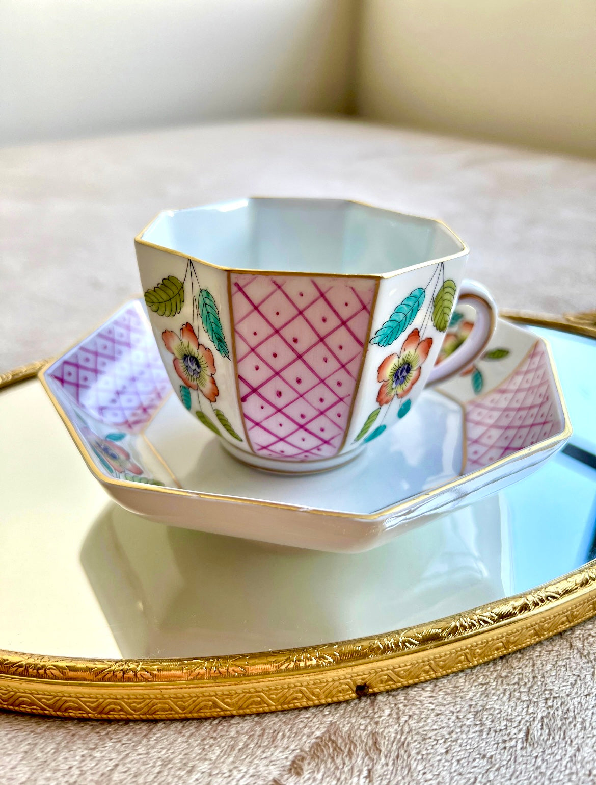 Very Unique Limoges France Vintage Porcelain Tea or Coffee Cup with Saucer & Floral Design, Decorated in Italy