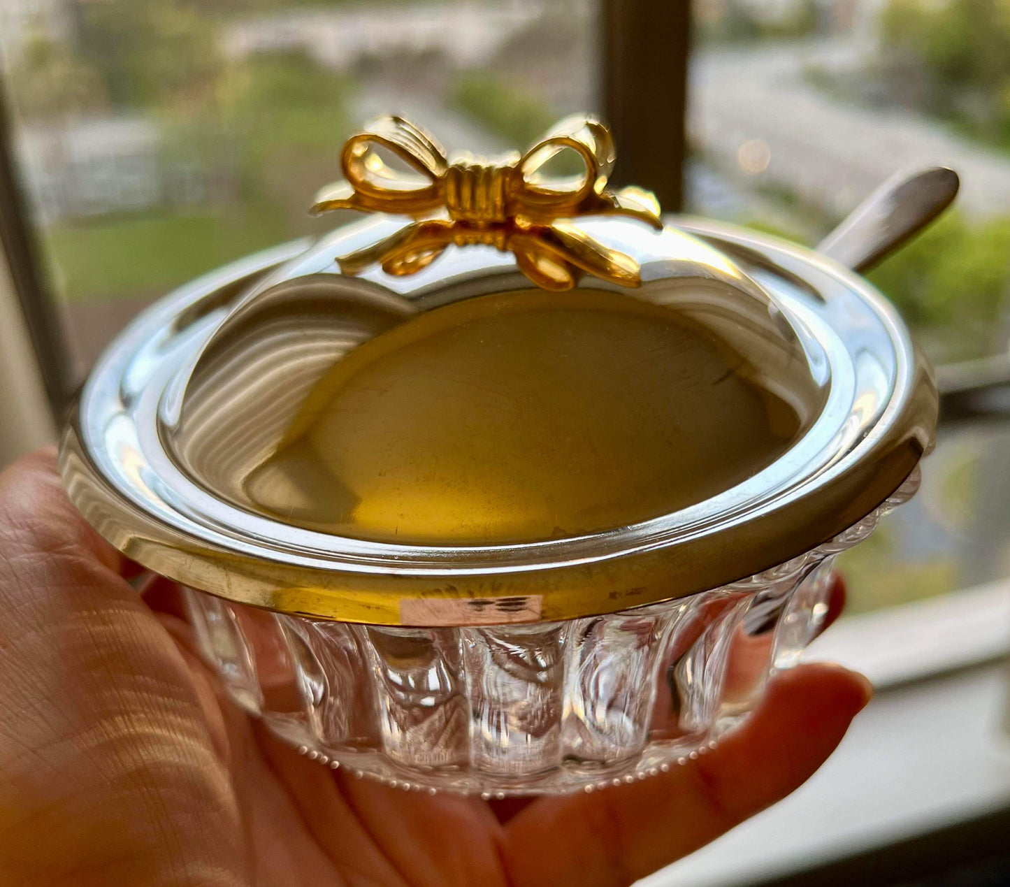 Jelly & Jam Vintage Glass Bowl Jars Set on Silver Plated Tray with Gilt Metal Bow Decoration on the Top of the Lid