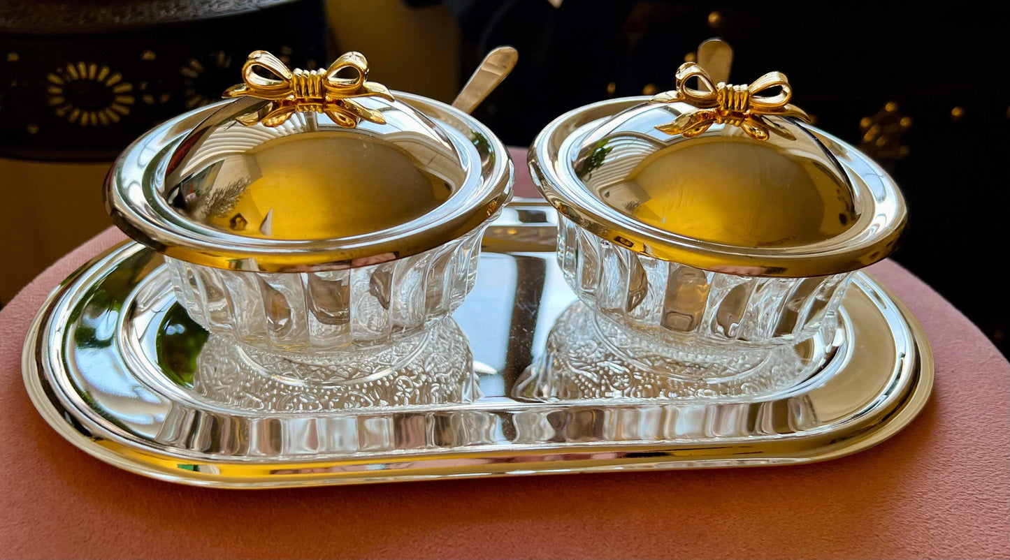 Jelly & Jam Vintage Glass Bowl Jars Set on Silver Plated Tray with Gilt Metal Bow Decoration on the Top of the Lid