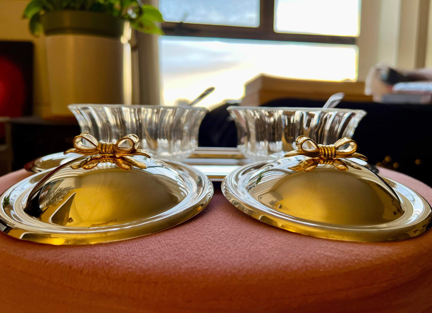 Jelly & Jam Vintage Glass Bowl Jars Set on Silver Plated Tray with Gilt Metal Bow Decoration on the Top of the Lid
