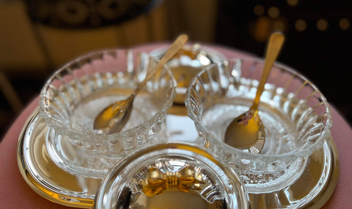 Jelly & Jam Vintage Glass Bowl Jars Set on Silver Plated Tray with Gilt Metal Bow Decoration on the Top of the Lid