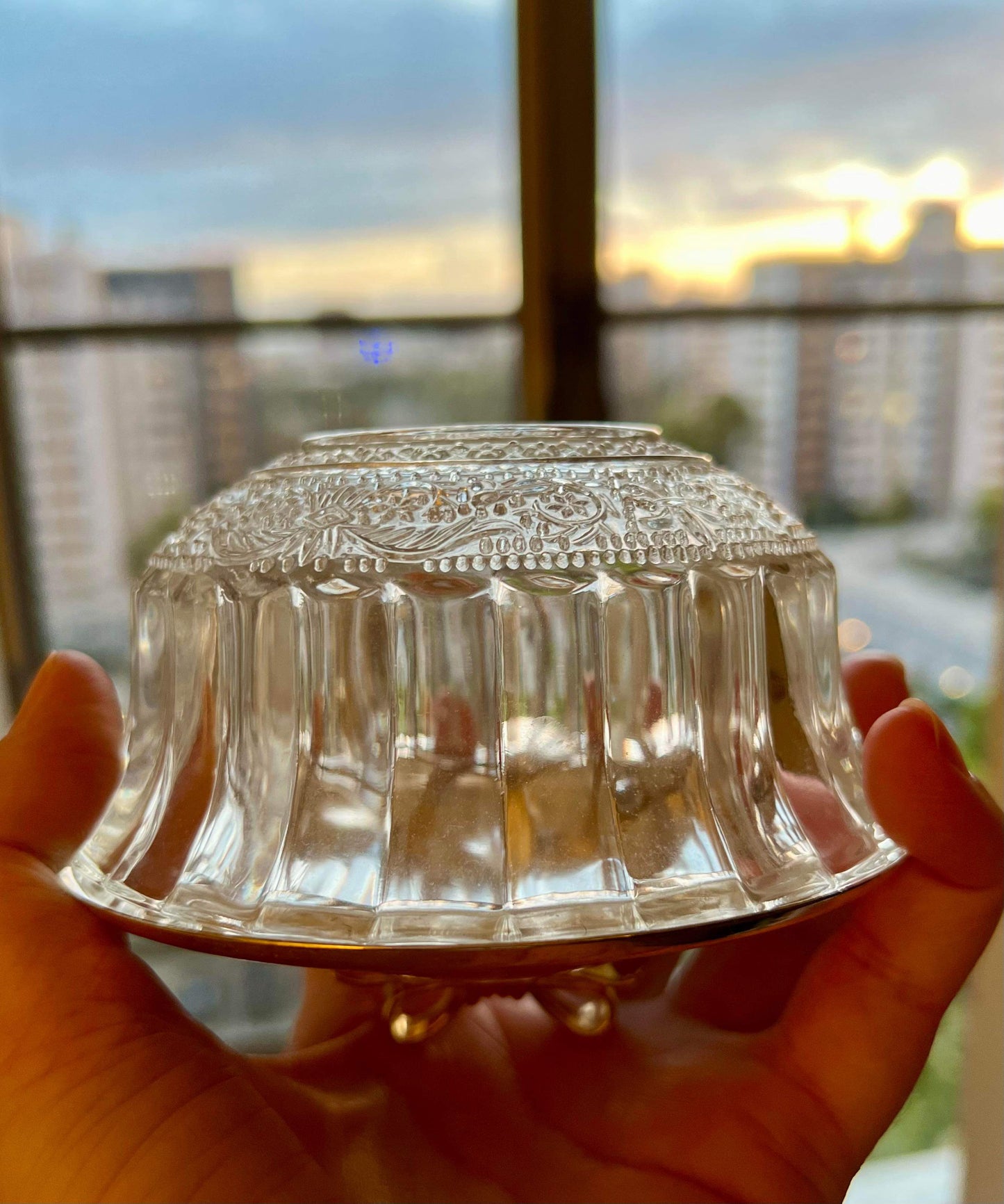 Jelly & Jam Vintage Glass Bowl Jars Set on Silver Plated Tray with Gilt Metal Bow Decoration on the Top of the Lid