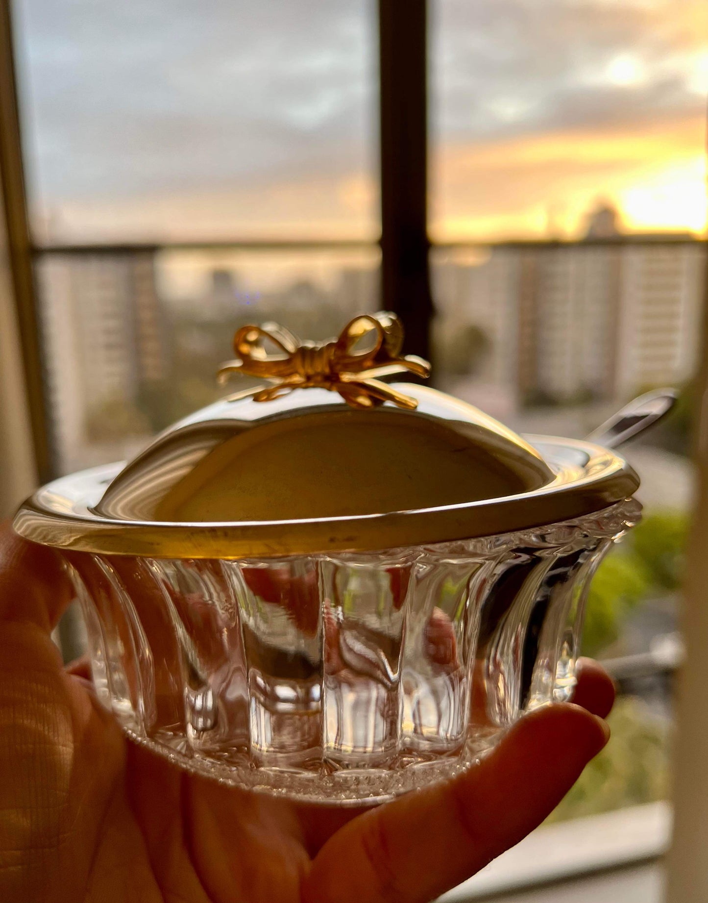 Jelly & Jam Vintage Glass Bowl Jars Set on Silver Plated Tray with Gilt Metal Bow Decoration on the Top of the Lid