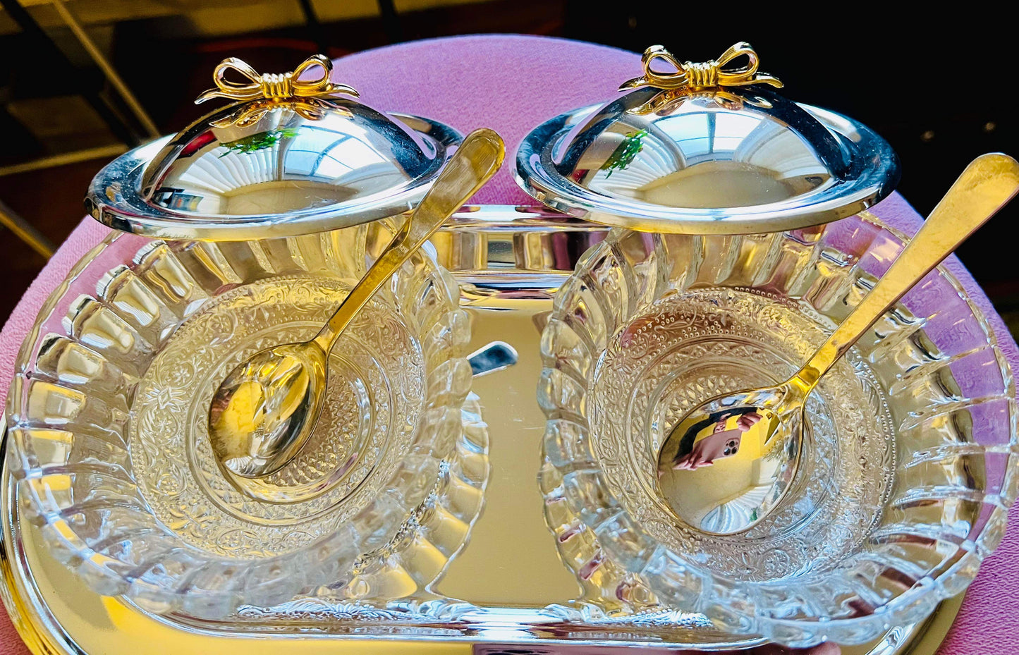 Jelly & Jam Vintage Glass Bowl Jars Set on Silver Plated Tray with Gilt Metal Bow Decoration on the Top of the Lid