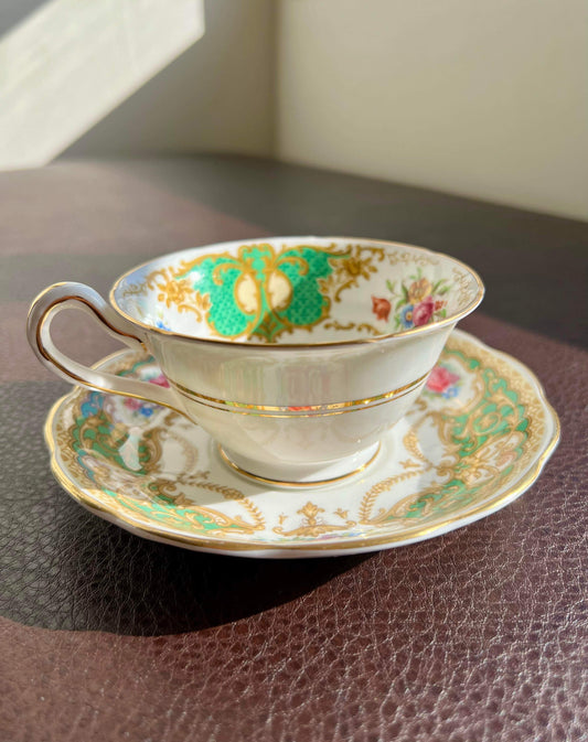 Vintage England Regency Queen Anne Gold Trim Bone China Green Floral Tea Saucer & Cup