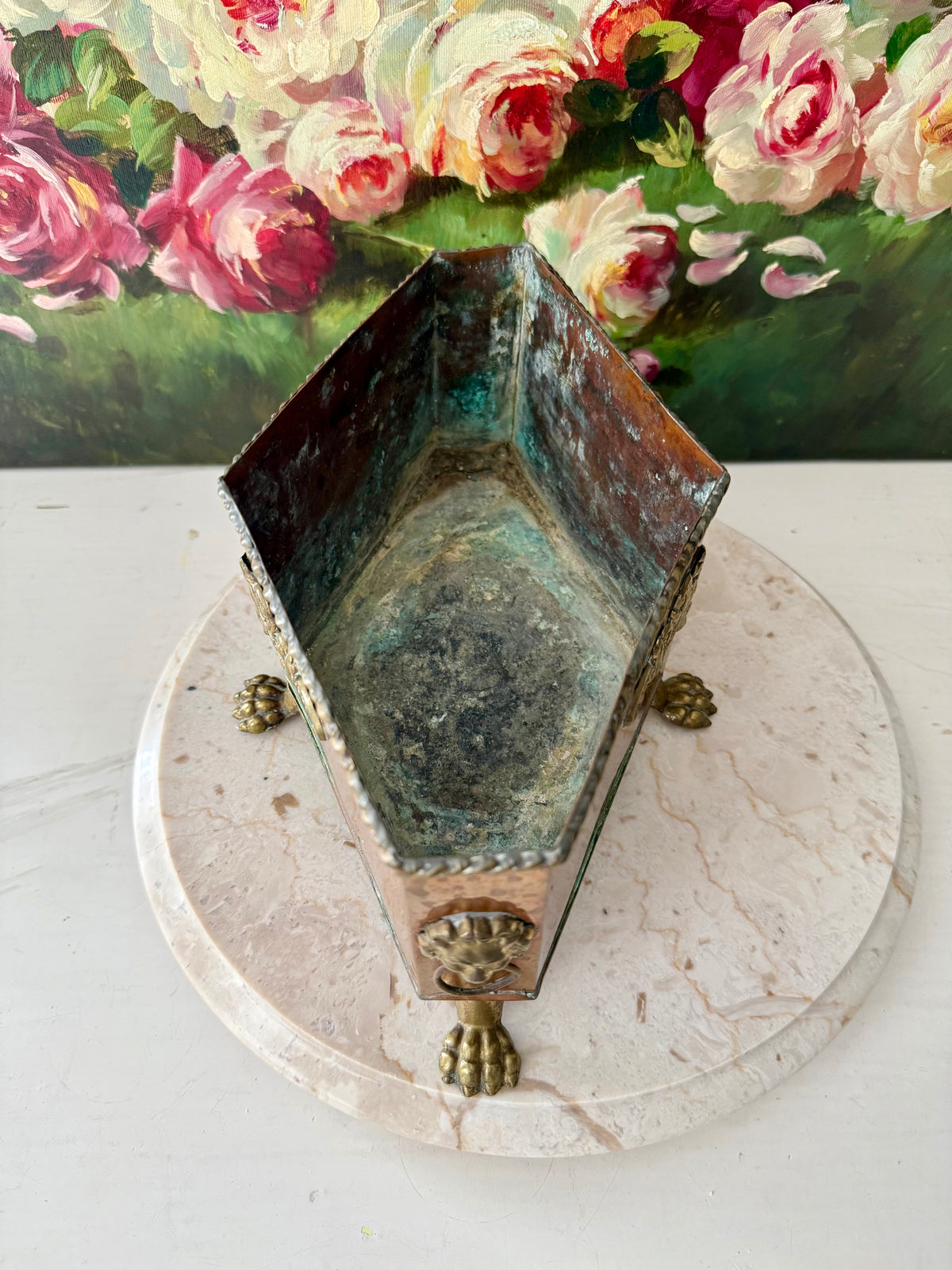 Antique Copper and Brass Planter or Jardinière, Footed Casket Box with Lion Heads and Claw Feet