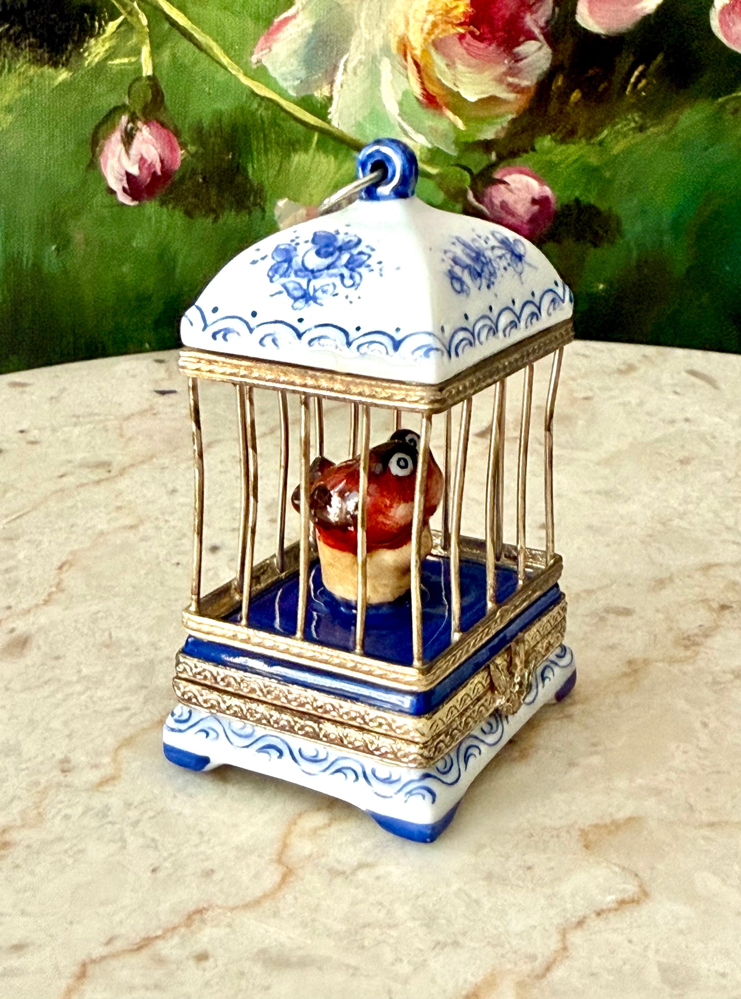 French Limoges Hand-painted Vintage Porcelain Love Birds in Cage Trinket/ Pill or Jewelry Box