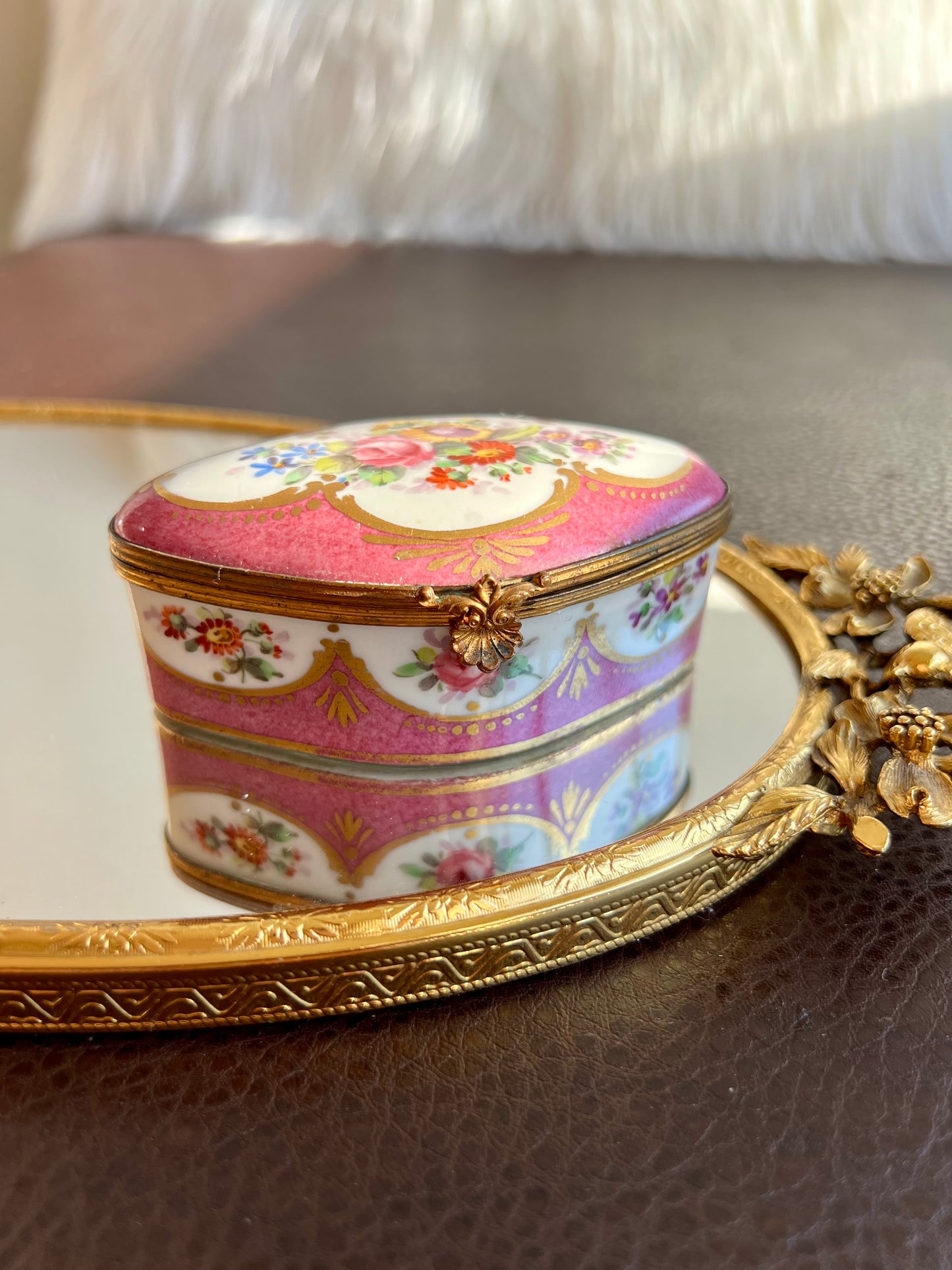 Antique Floral Hand-painted Trinket Box, Jewelry Limoges French Style Porcelain