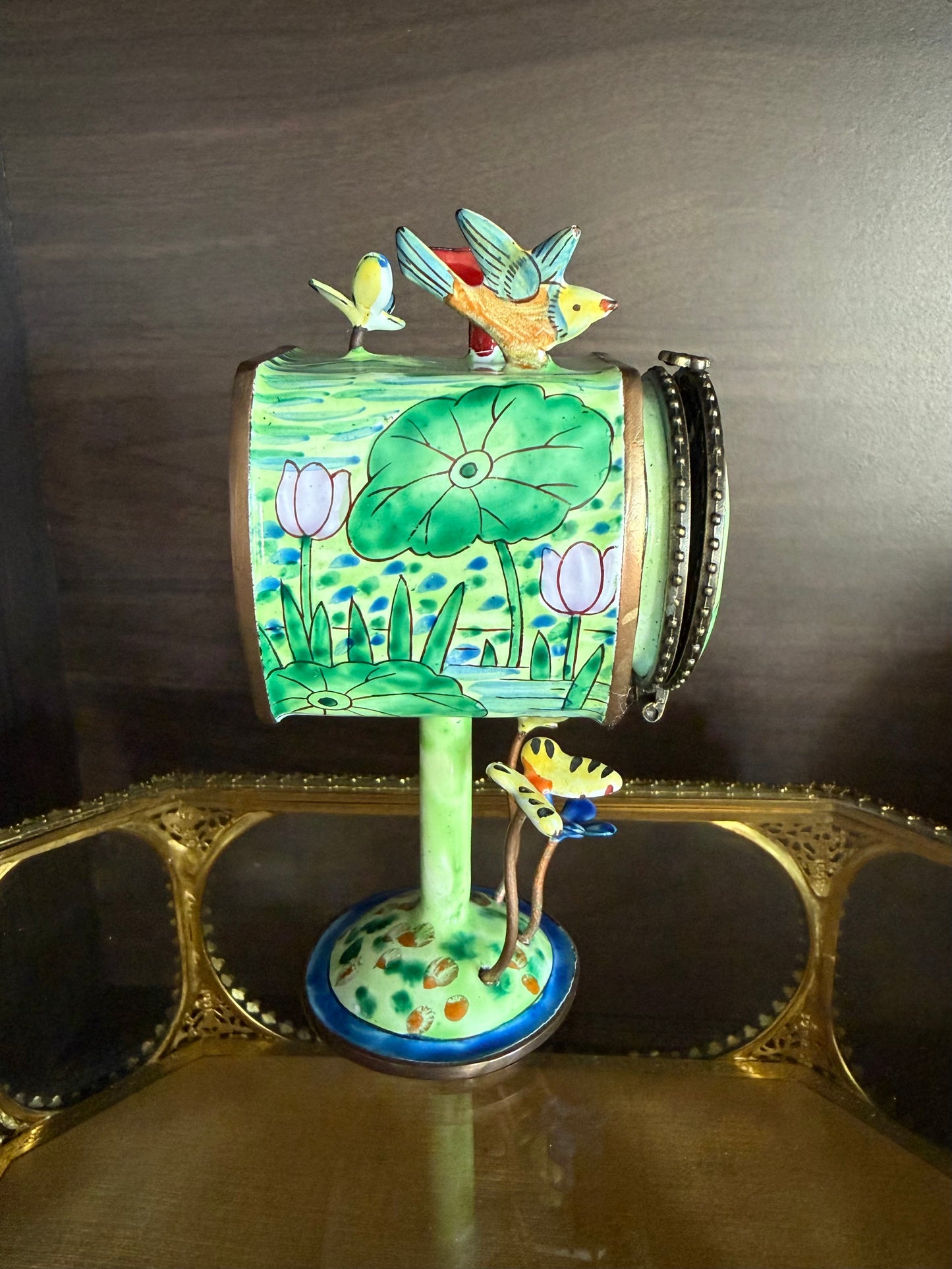 Vintage Hand-Painted Enamel on Copper Miniature Kelvin Chen Mailbox, Trinket Box and Stamps Holder - Numbered