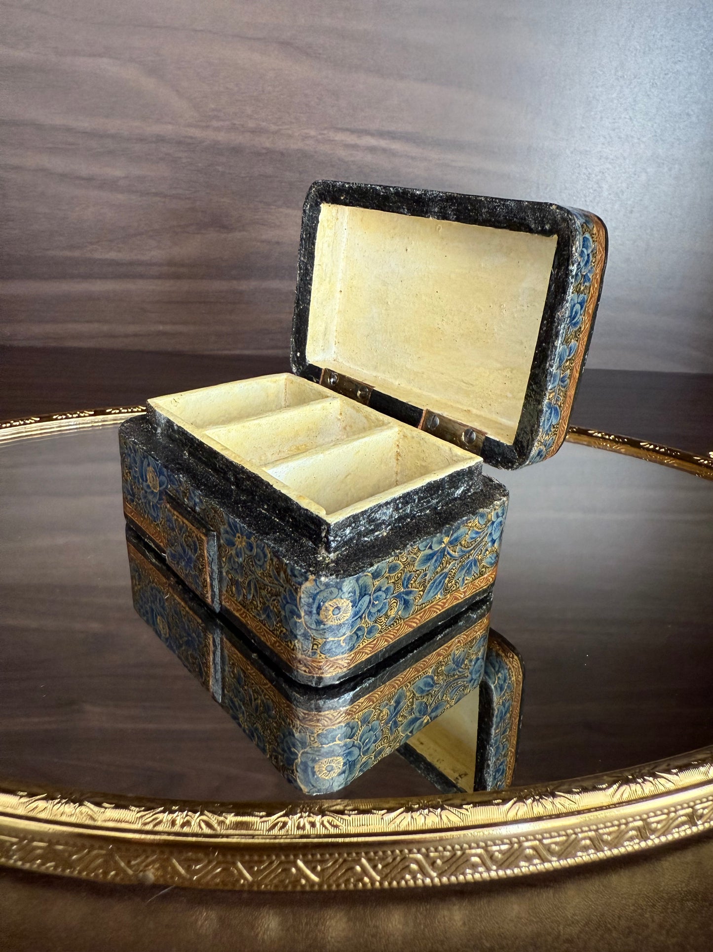 Beautiful Vintage Blue and Gold Hand-Painted Wooden Kashmir Papier-Maché Ring Holder or Jewelry Box