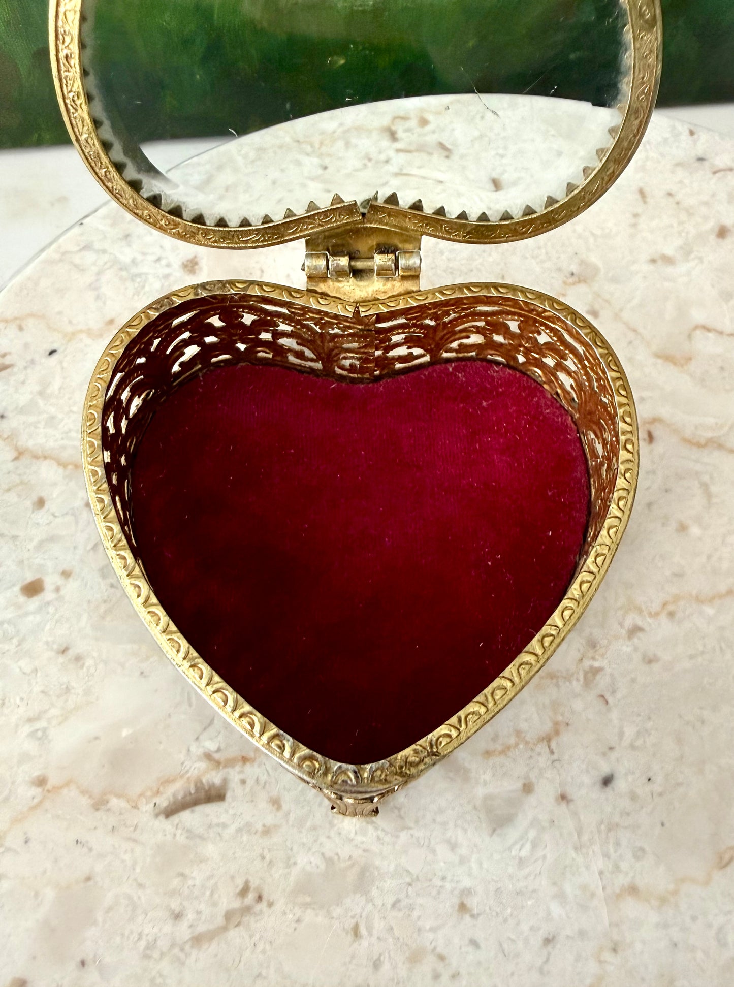 Antique French Style Gold-plated Ormolu Filigree Heart-shaped Trinket or Jewelry Box with a Plush Red Velvet Lining