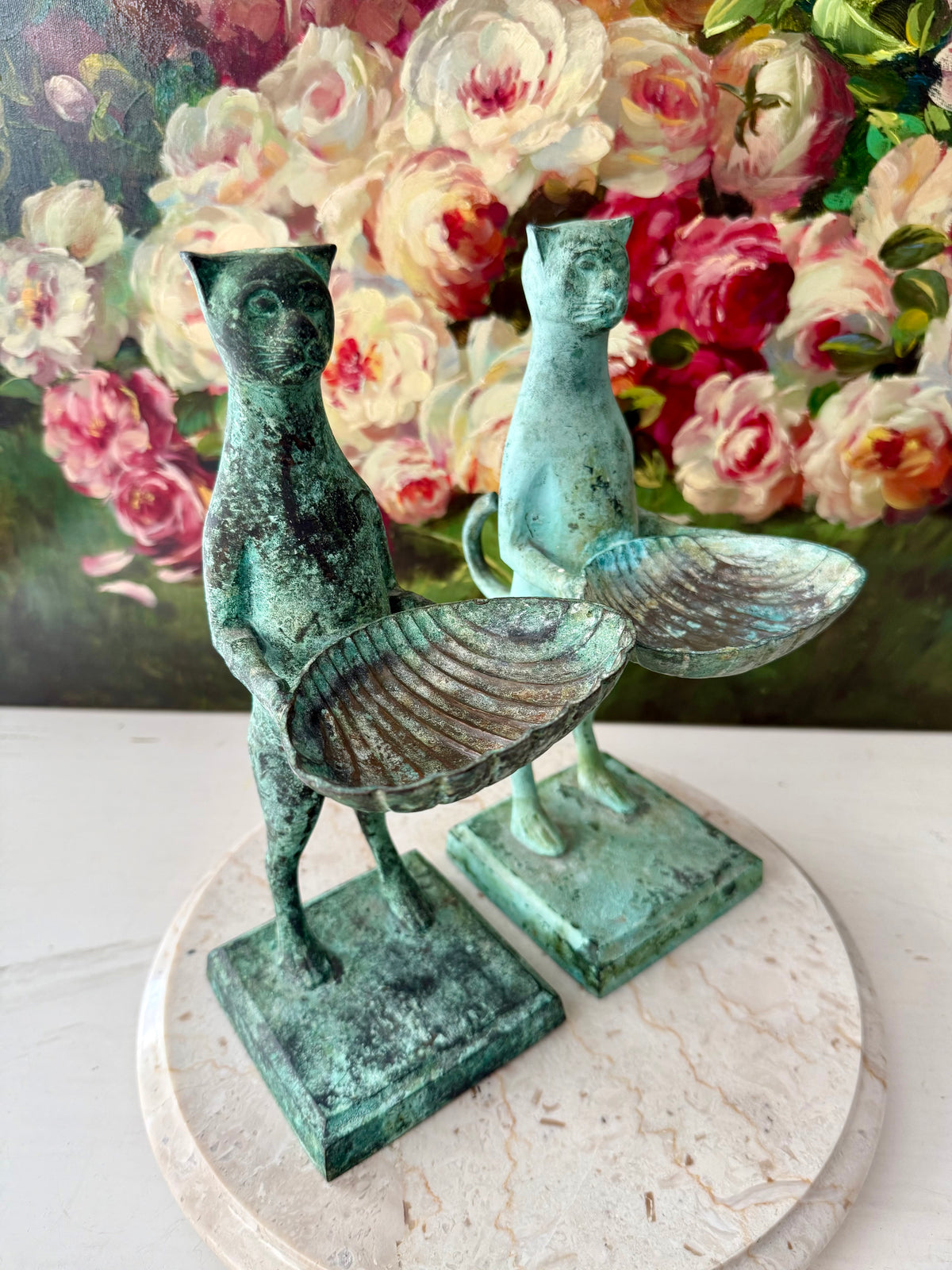 Antique Diego Giacometti-Style Patinated Bronze "Cat Butler" Statues, often used as Soap Dishes, Business Card Holders, or Trinket Trays - This price applies to a single item only!