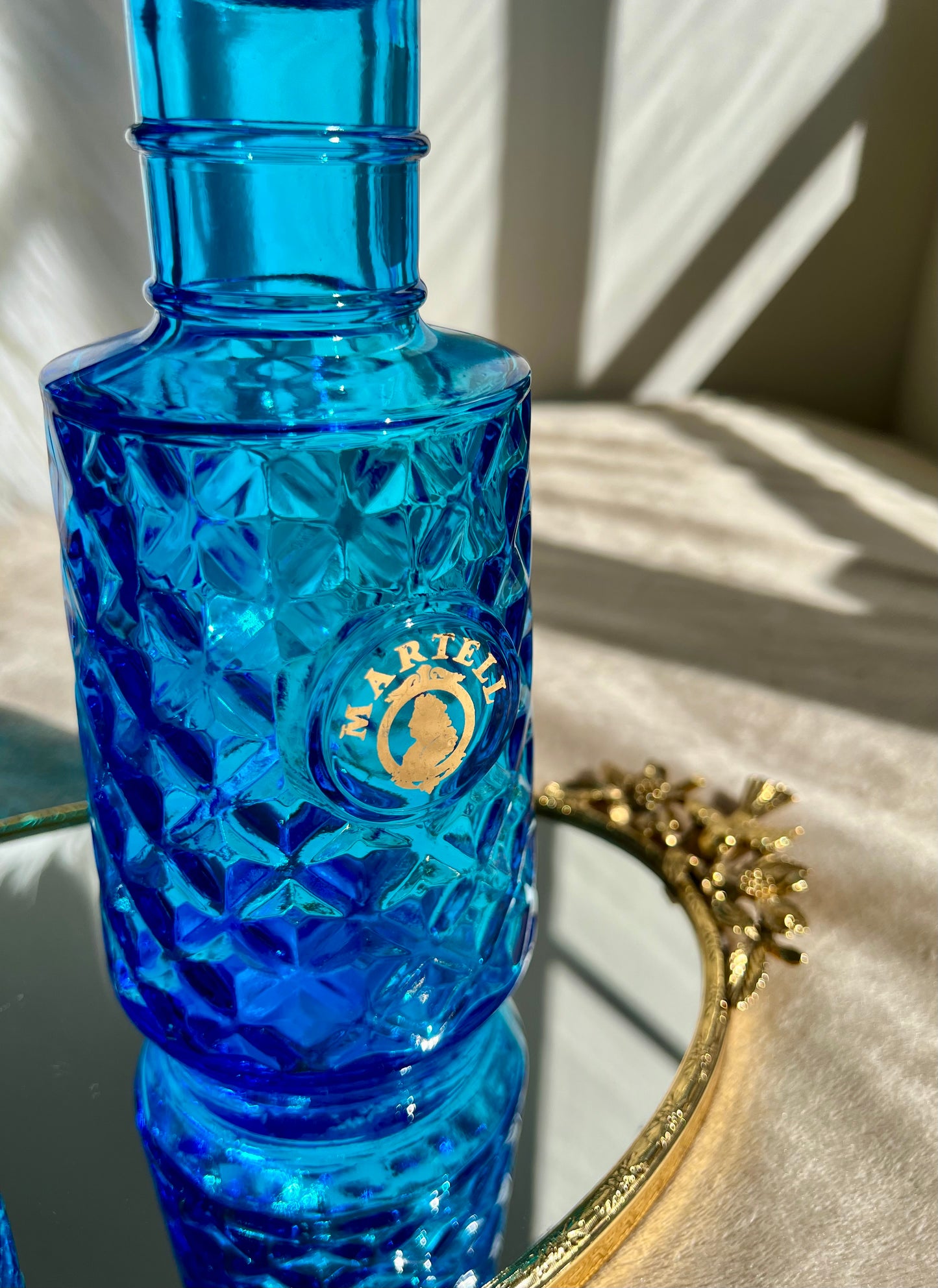 Beautiful Martell Blue Glass Liquor Bottle Vintage Decanters ($ 35/each)