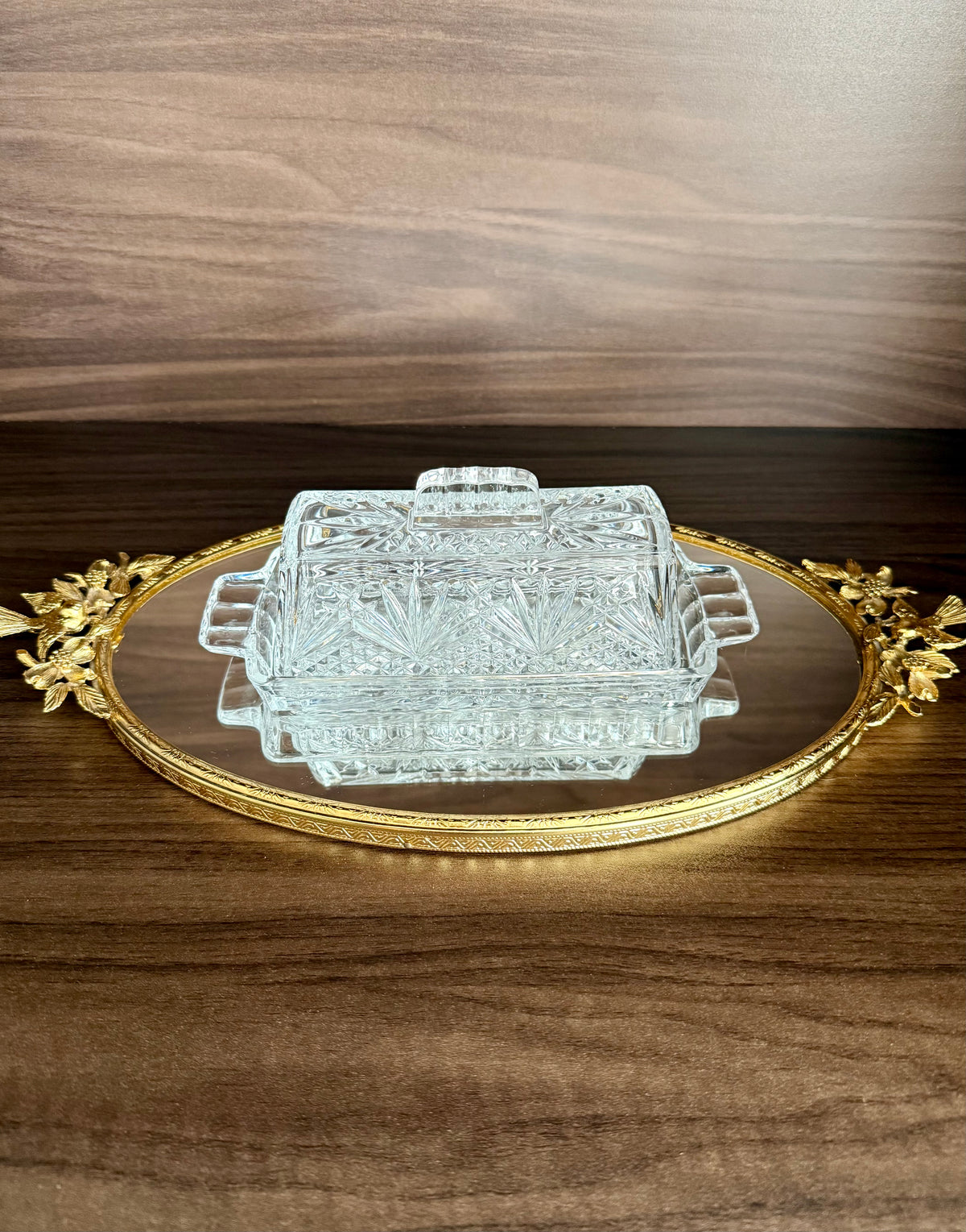 Vintage Cut Crystal Glass Butter Dish with a "Cherrywood Clear" Style Pattern