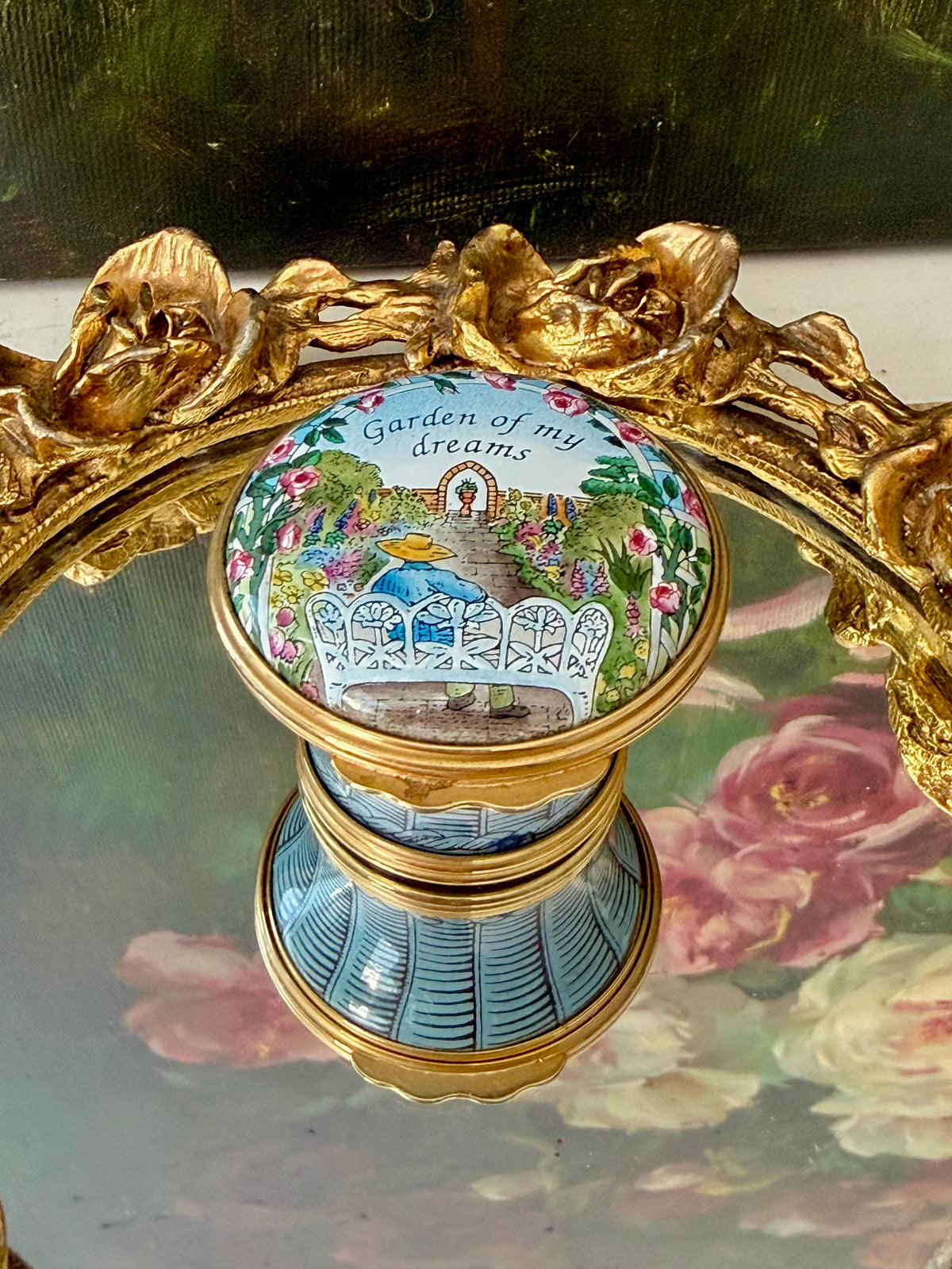 1980s Halcyon Days "GARDEN OF MY DREAMS" Vintage Enamel Trinket Box Bask, Jewelry or Pill Box - Made in England