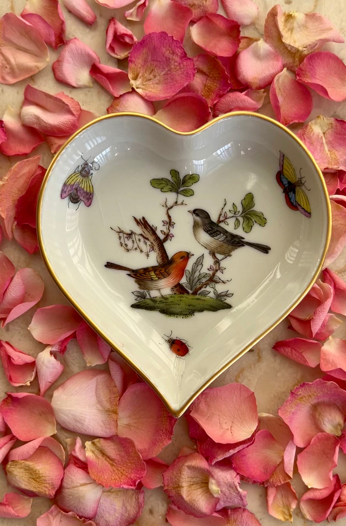 Herend Rothschild Bird Hand Painted Small Heart Tray Vintage Porcelain - Made in Hungary