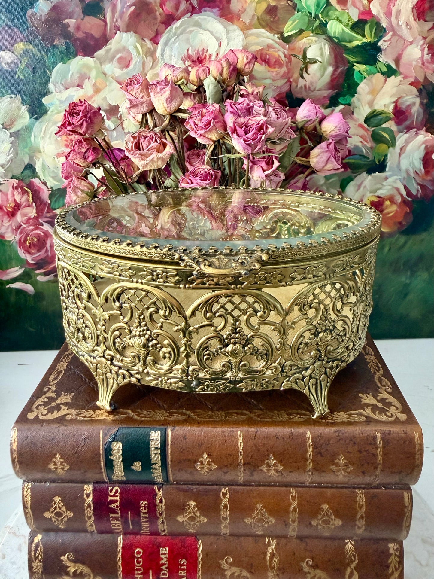 Matson Style Vintage Gold-plated and Glass Hollywood Regency Oval Ormolu Brass Jewelry/ Trinket Box