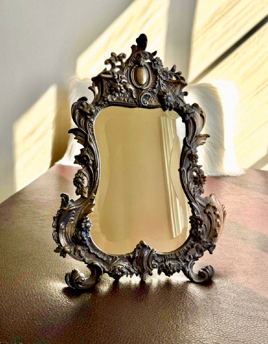 Antique Bronze Rococo Style French Big Table and Makeup Mirror from the 19th or Early 20th Century