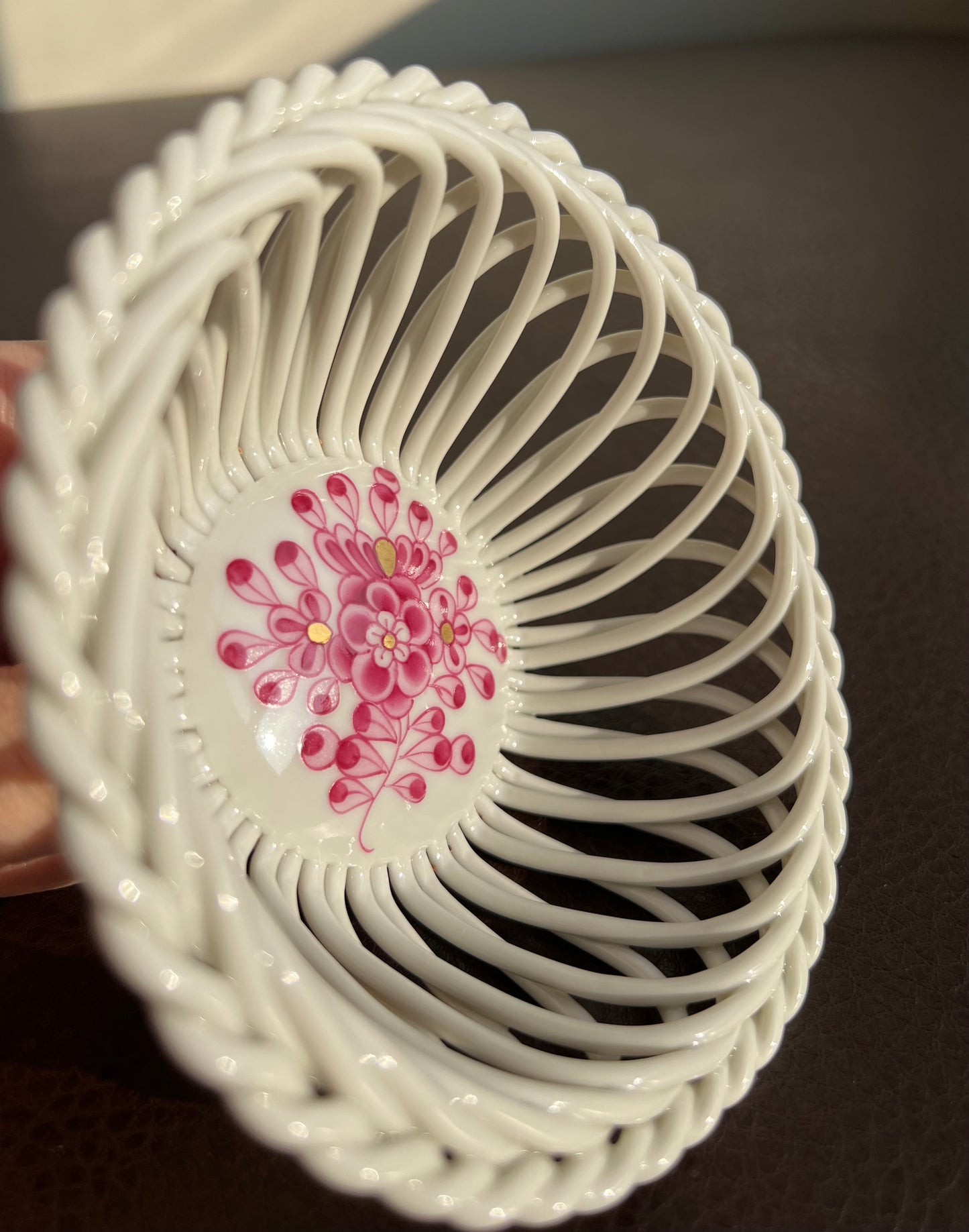 Herend porcelain small openwork basket with pink handpainted flowers