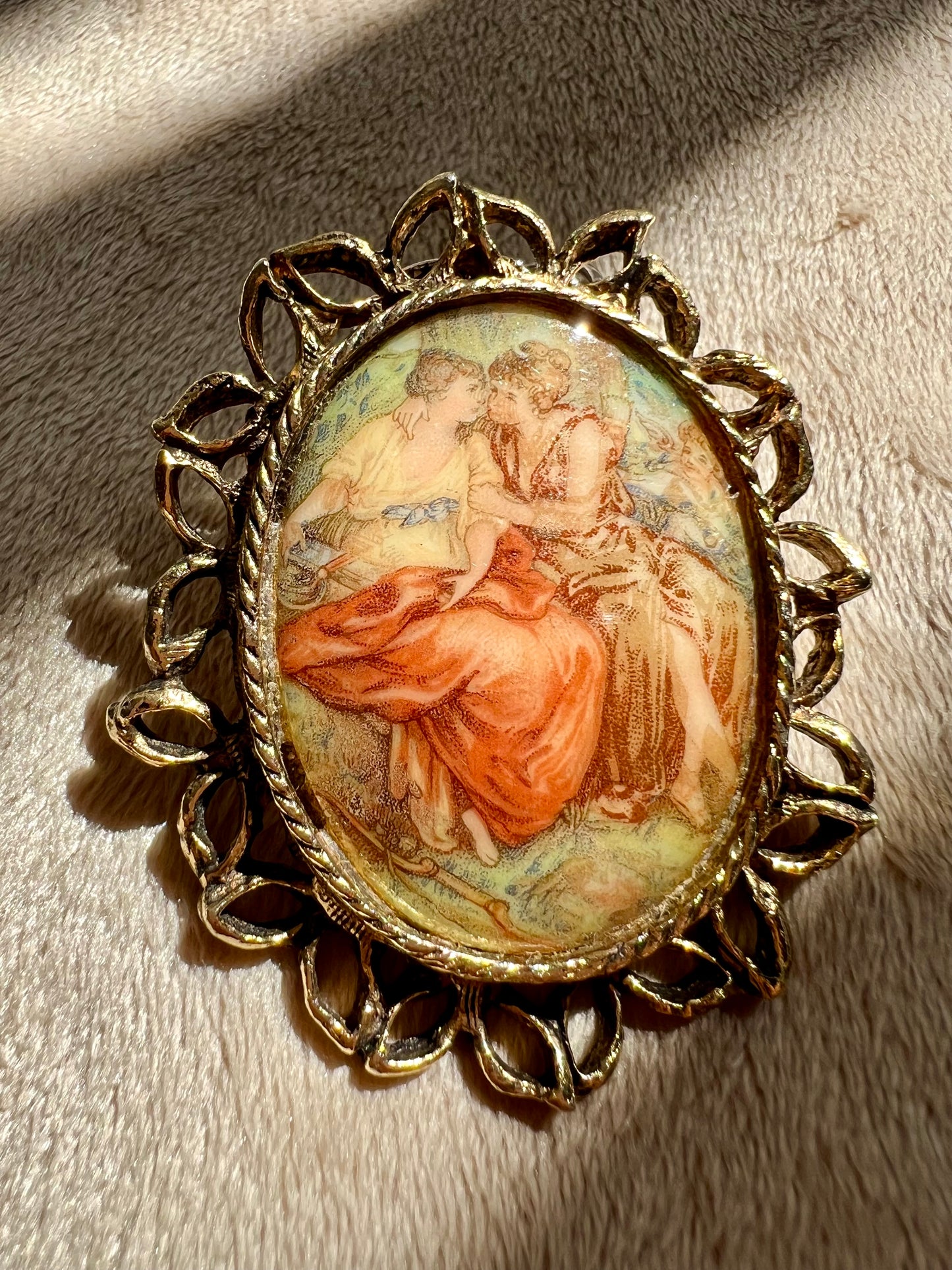 Porcelain Vintage Oval Fragonard Style Brooch