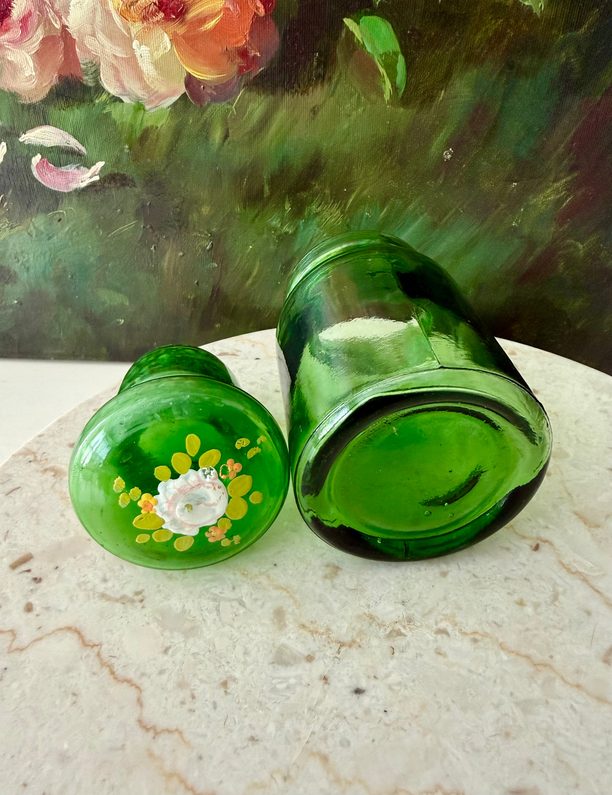 Emerald Green Vintage Belgium Apothecary Jar Glass with Handmade Floral Painting on the Bubble Top Lid