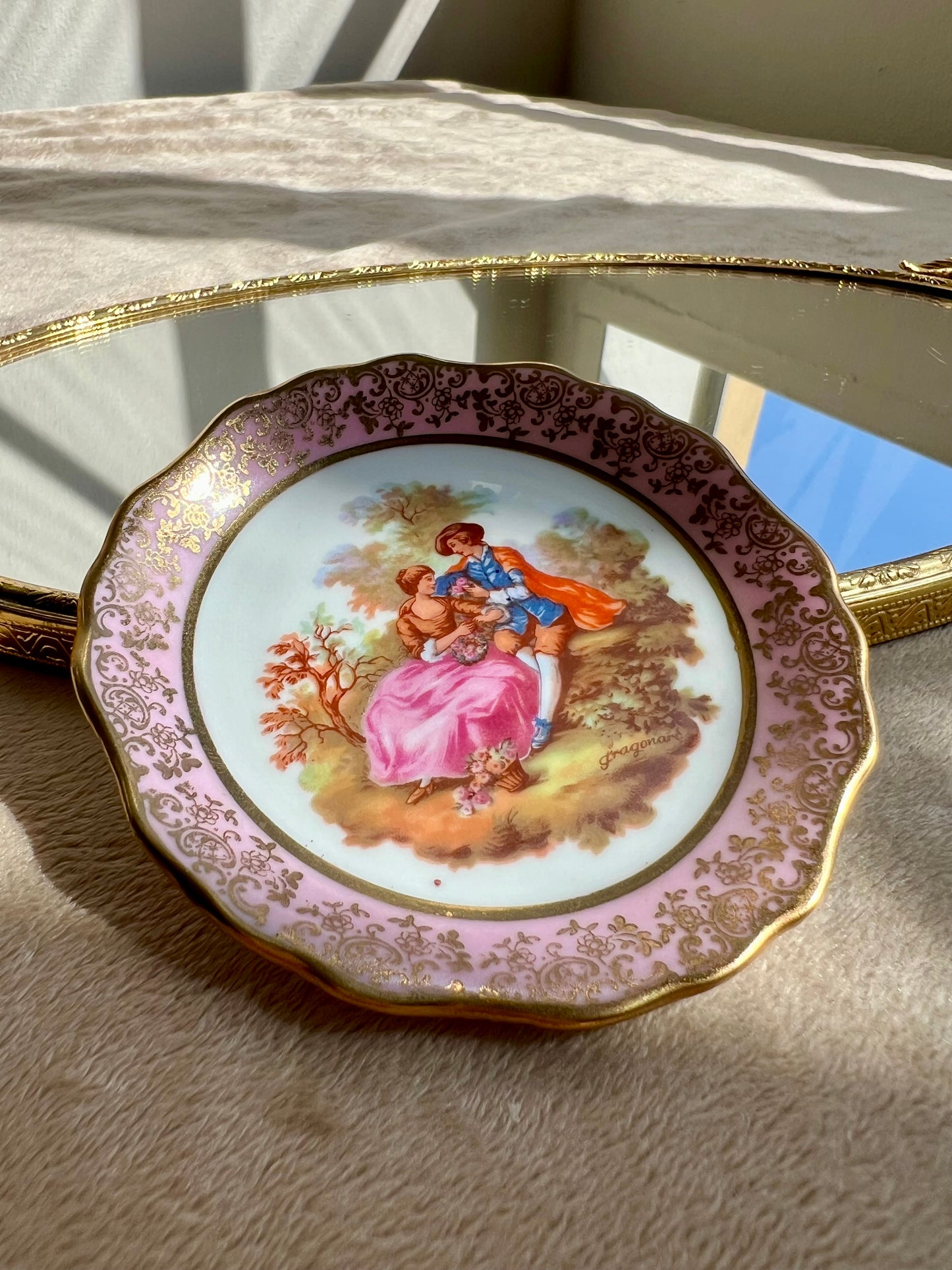 Miniature Vintage Limoges Fragonard Pink & Green Plates With a Courting Couple (2 pc)