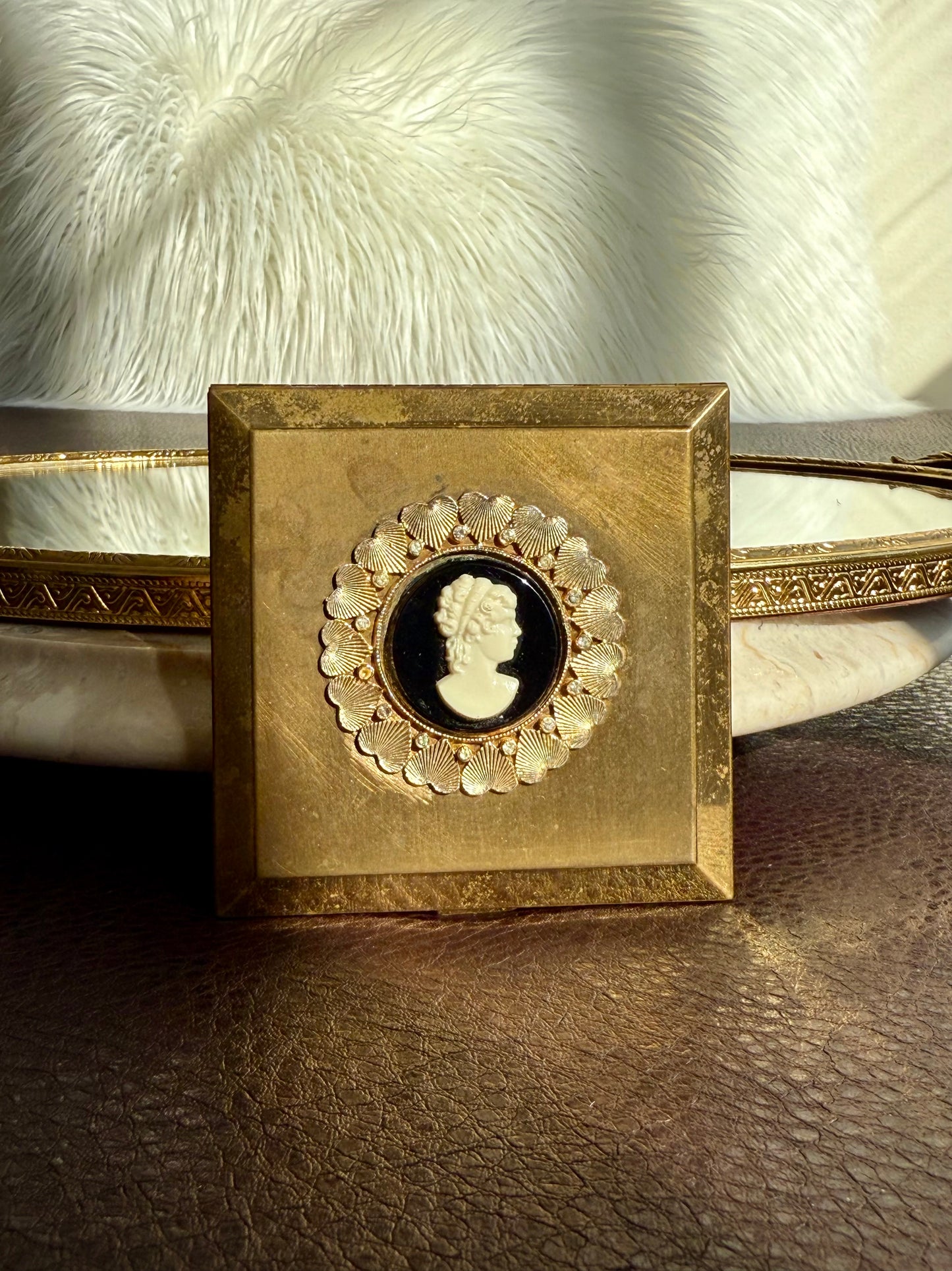 1940s Voluptè Brass Cameo Lady Vintage Makeup Powder Compact Mirror with Hearts and Gemstones Decoration - Made in USA