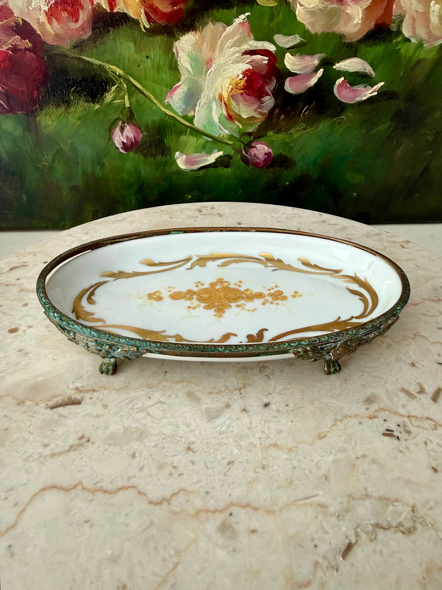 Antique Sévres Style Brass Footed and Hand-painted Oval Porcelain Decorative Soap Dish - Made in France
