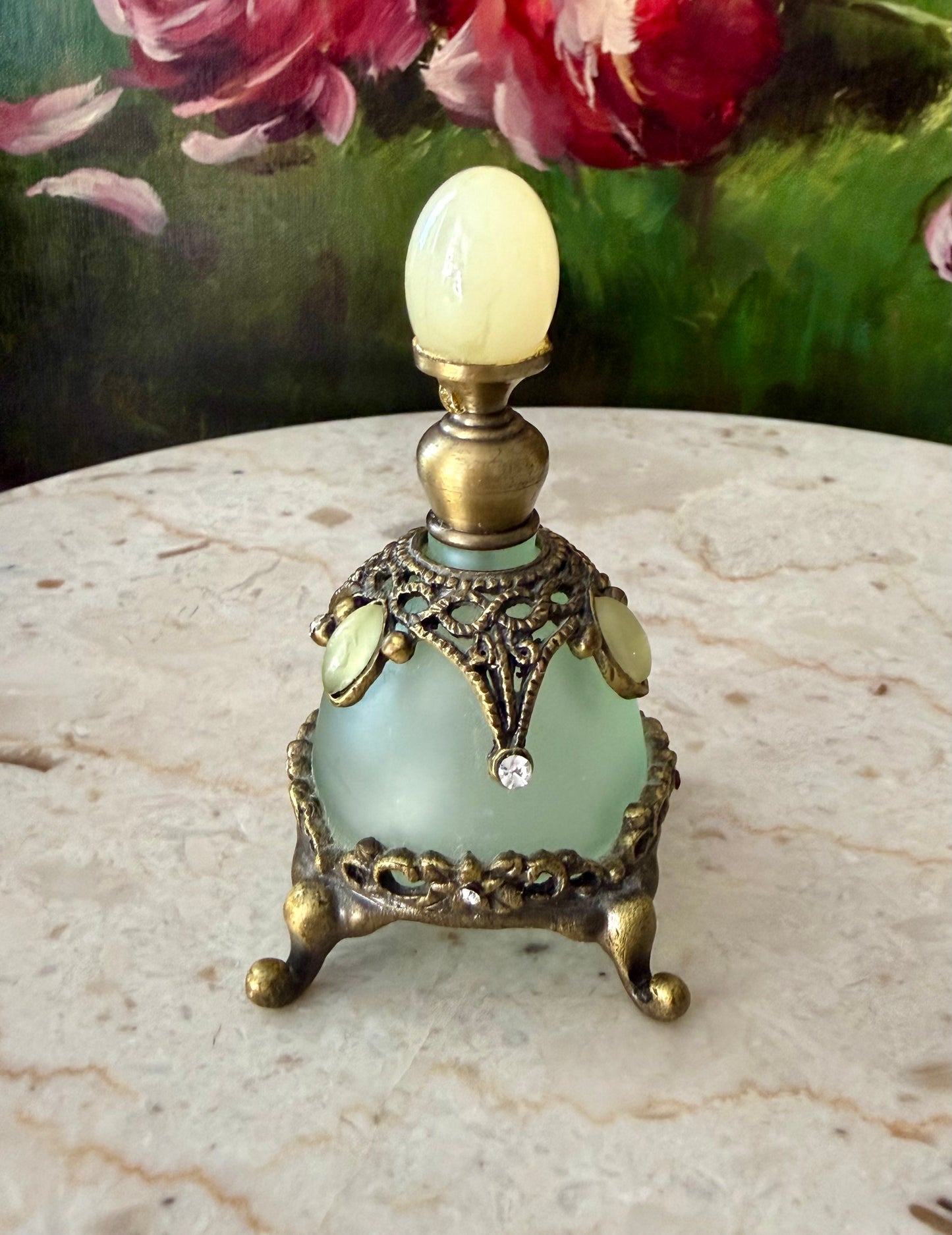 Vintage Frosted Green Glass Perfume Bottle Decorated with Rhinestones and Gemstones - Empty