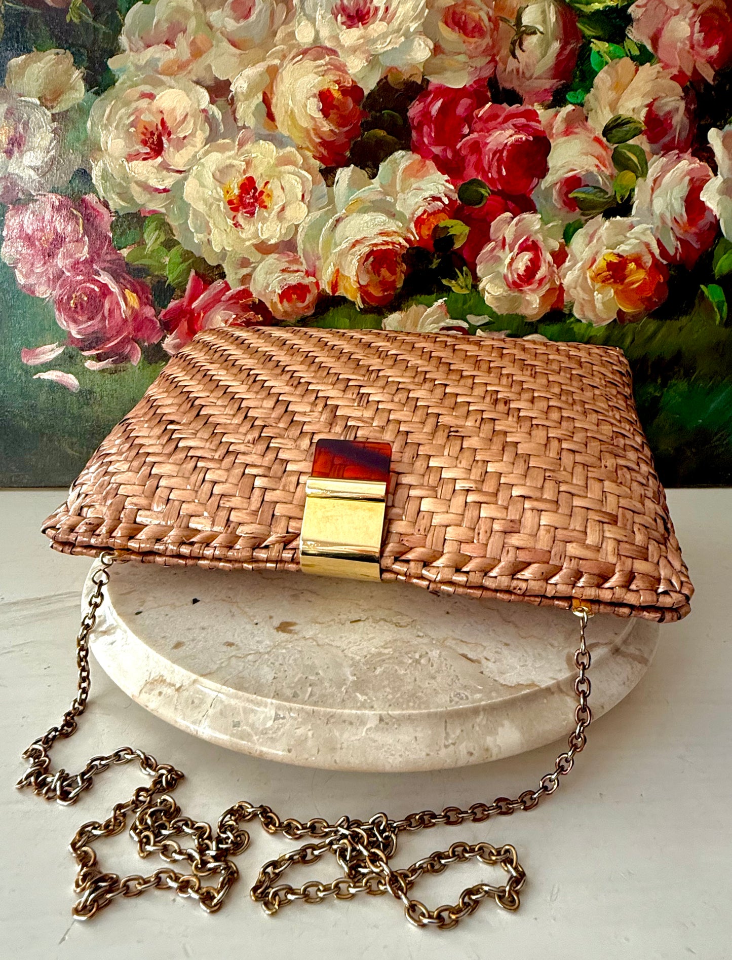Vintage RODO Italian Style Glazed Wicker Purse or Clutch with Chain Shoulder Strap