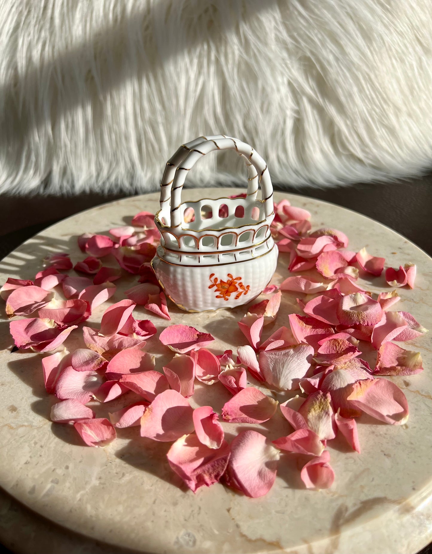 Herend Rust/ Orange Color Bouquet Reticulated Mini Porcelain Basket with Handle - Made in Hungary