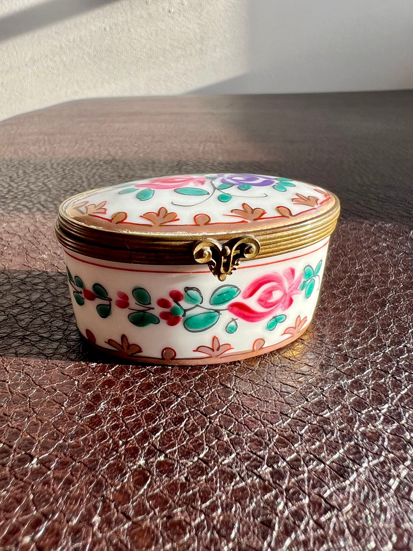 Antique/ Vintage French Oval Porcelain Miniature Jewelry or Pill Box with Decorative Floral Motifs - Double Red LL and ‘Made in France’ Marks on the Bottom